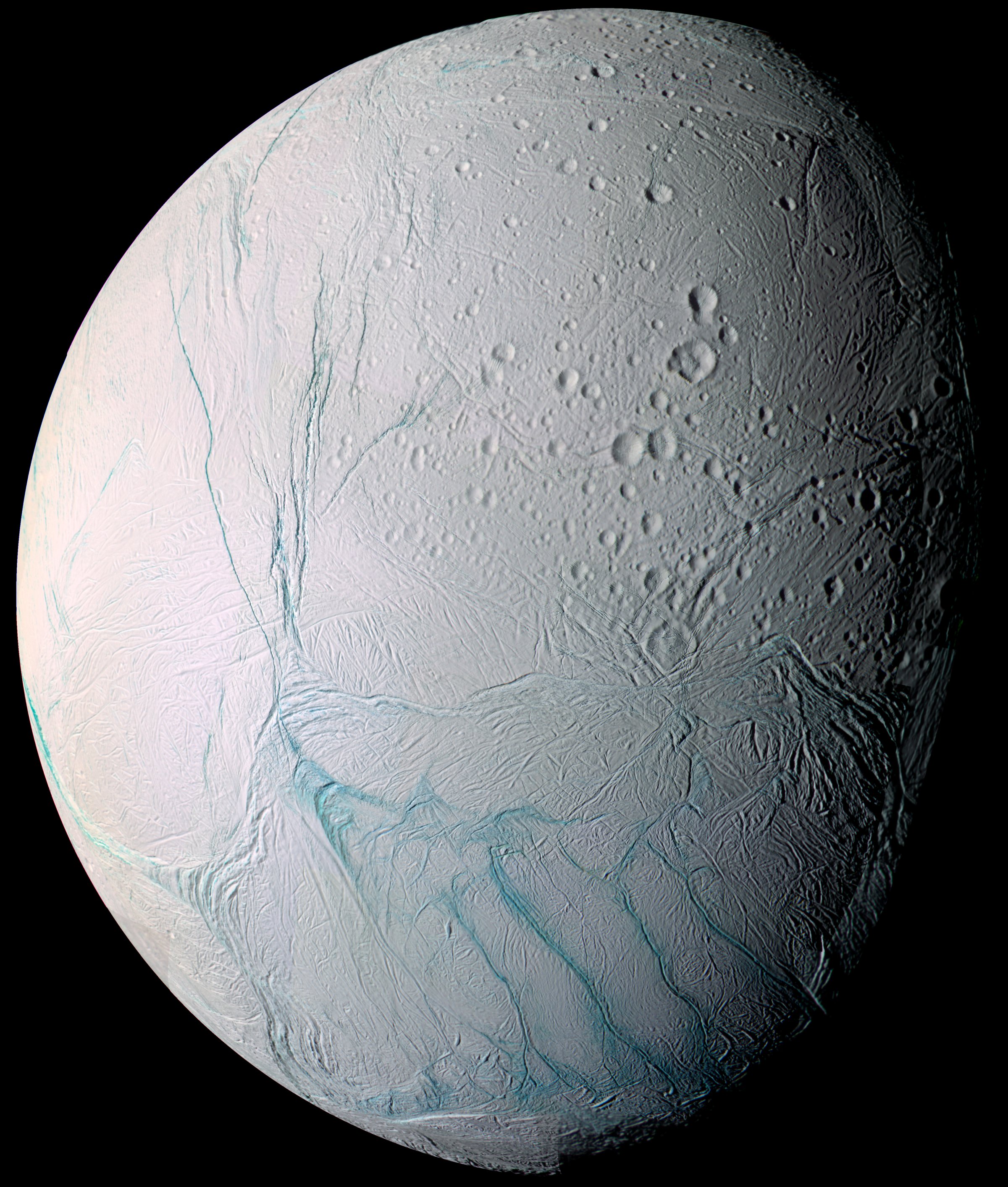 Saturn's moon Enceladus, photographed by the Cassini spacecraft.