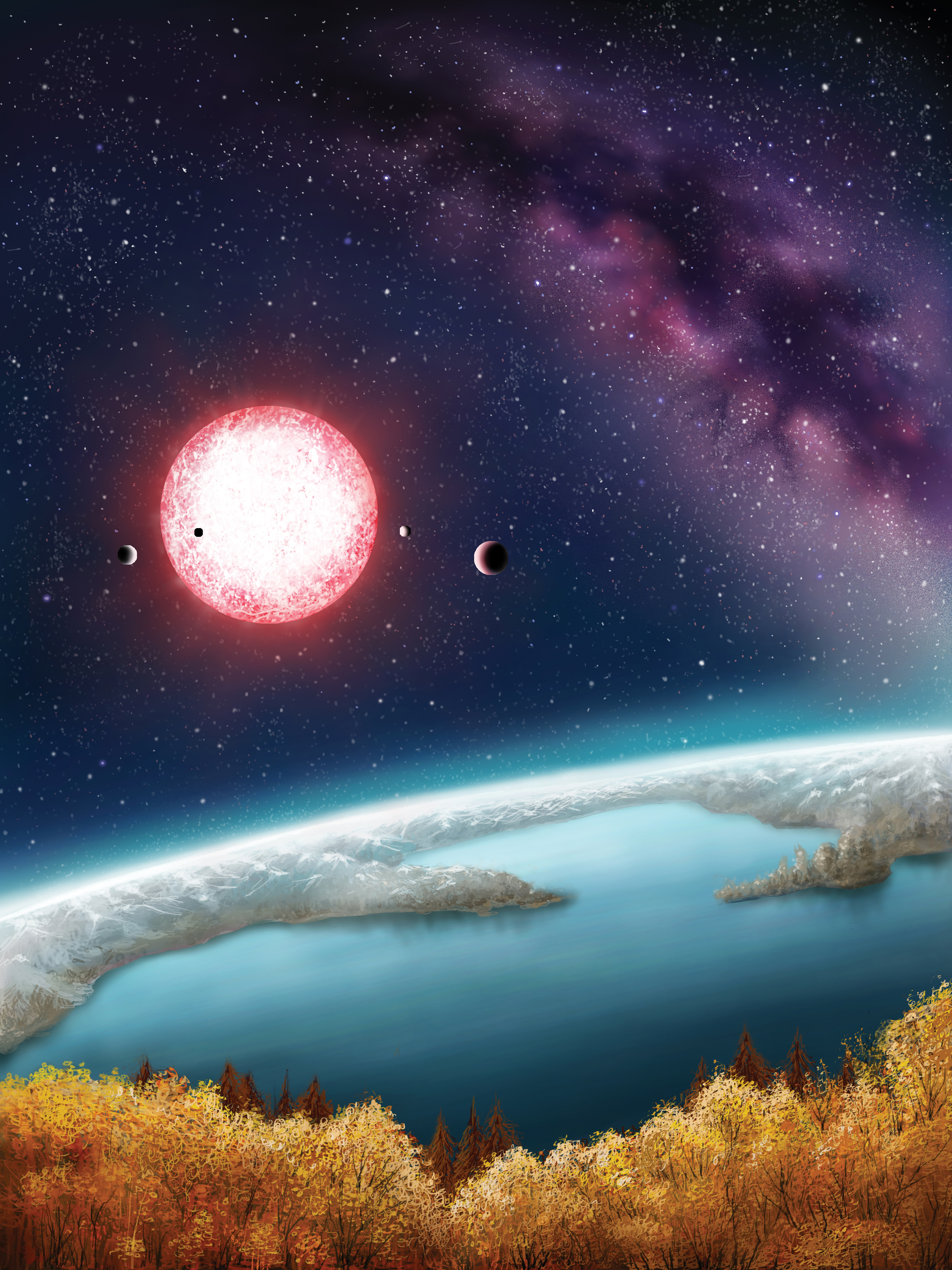 An artist's conception of Kepler 186f, with its reddish sun setting over its maybe-ocean