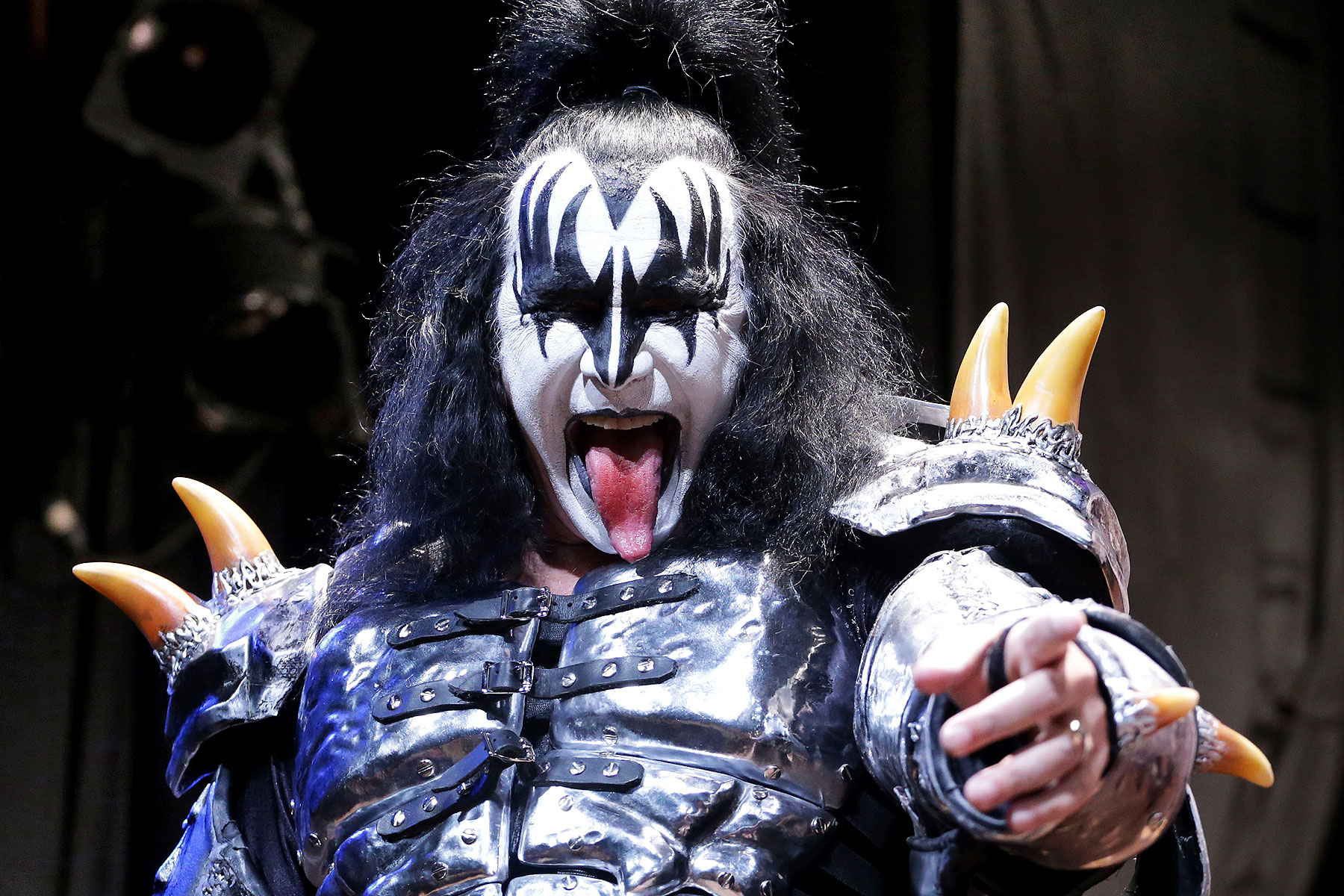 Gene Simmons, a member of the rock band Kiss, poses during an announcement that Kiss and Def Leppard will team up this summer for a 42-city North American tour, at the House of Blues in West Hollywood, California March 17, 2014 (Jonathan Alcorn—Reuters)