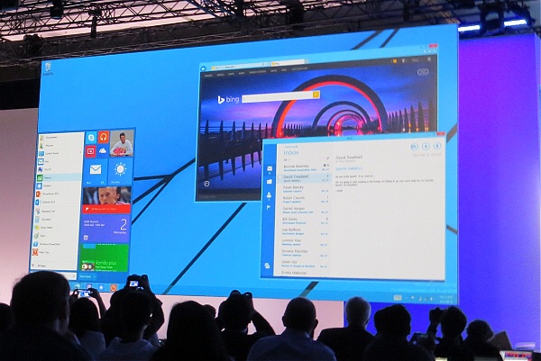 Developers look at a preview of an upcoming version of Windows with a Start menu at the Build conference in San Francisco on April 2, 2014