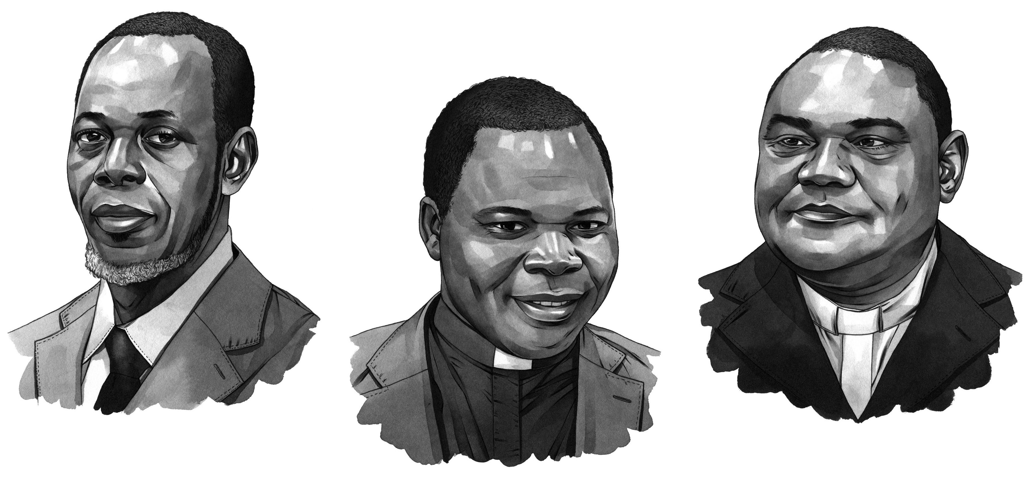 From left: Imam Omar Kobine Layama, Archbishop Dieudonné Nzapalainga, and The Rev. Nicolas Guérékoyame-Gbangou. (Illustrations by Michael Hoeweler for TIME)