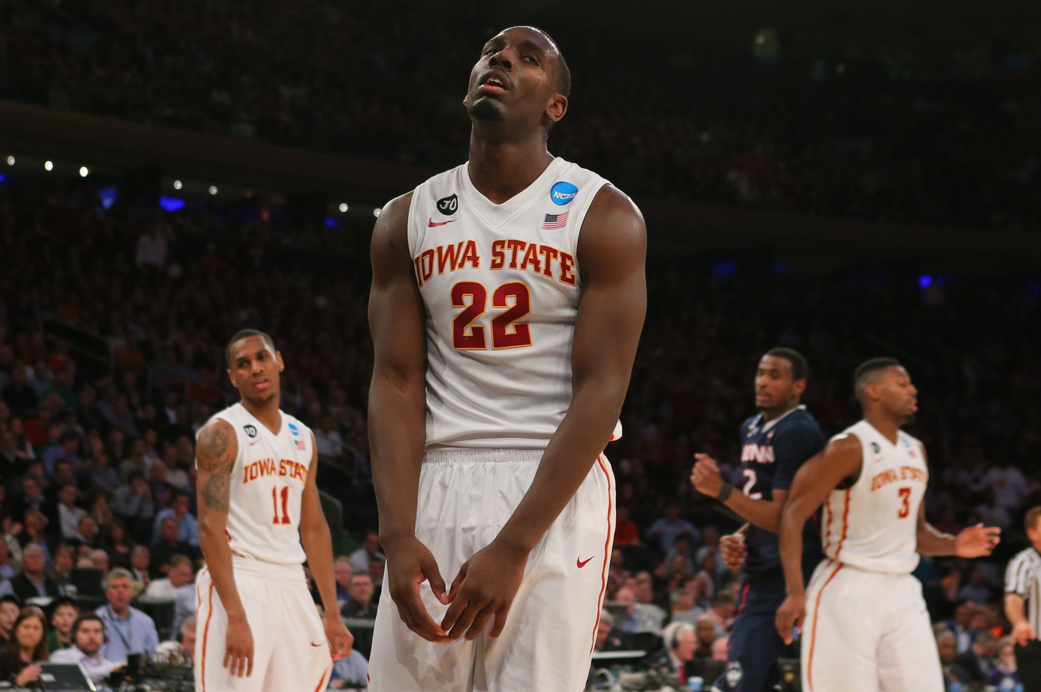 Iowa State Cyclones forward Dustin Hogue sighs after a play during the second half against the Connecticut Huskies in the semifinals of the east regional of the 2014 NCAA Mens Basketball Championship tournament at Madison Square Garden in New York City, March 28, 2014. Connecticut won 81-76.