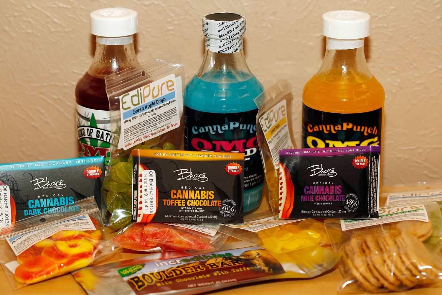 Edible marijuana products are pictured on display at a medical marijuana dispensary in Denver on April 18, 2014. 