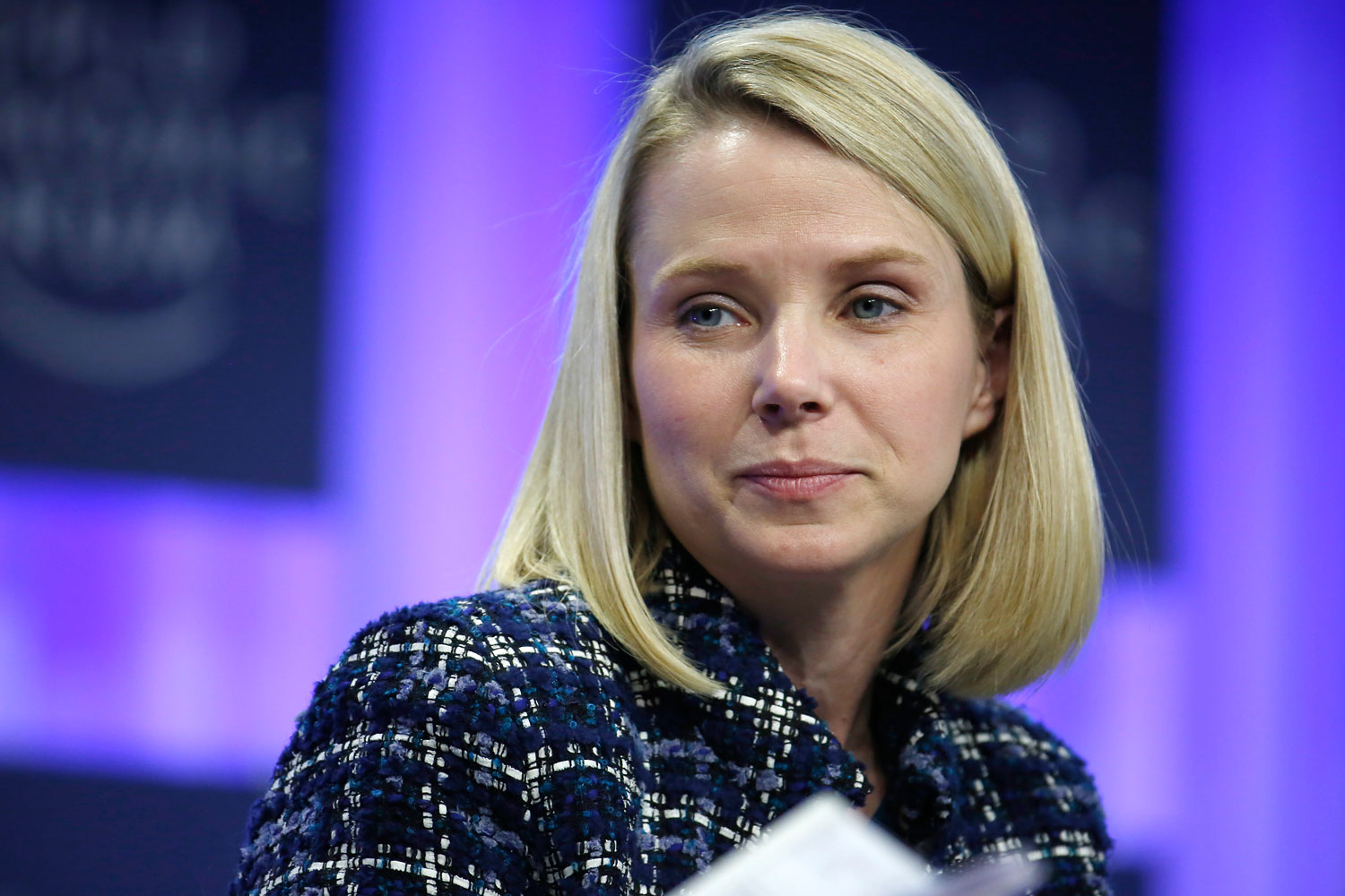 Marissa Mayer, chief executive officer of Yahoo! Inc., pauses during a panel session on day four of the World Economic Forum in Davos, Switzerland, on Saturday, Jan. 25, 2014.