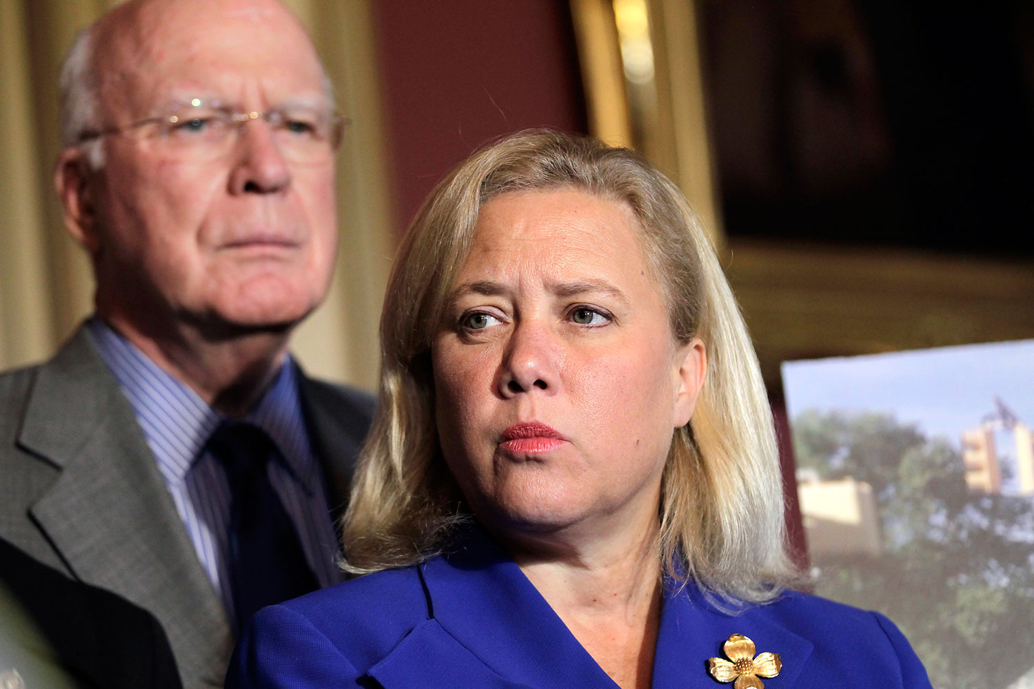 Sen. Mary Landrieu, D-La., right, joined by Sen. Patrick Leahy, D-Vt., left, urges funding for the Federal Emergency Management Agency as the agency is on track to run out of disaster relief funds after responding to a spate of natural disasters this year, most recently Hurricane Irene and Tropical Storm Lee, at the Capitol in Washington, Wednesday, Sept. 14, 2011. (J. Scott Applewhite—AP)
