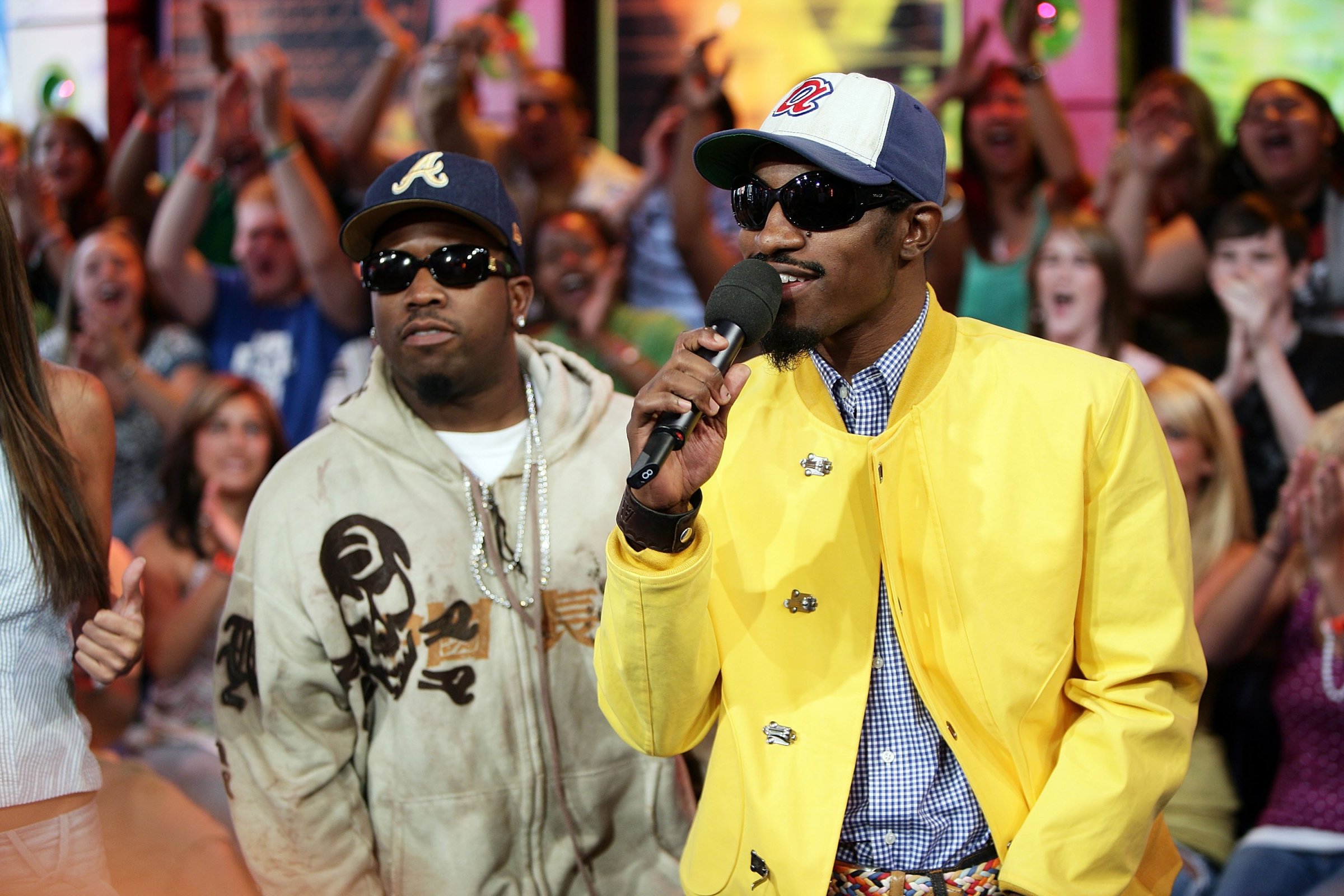 From left: Antwan A. (Big Boi) Patton and Andre (Andre 3000) Benjamin of Outkast onstage during MTV's Total Request Live at the MTV Times Square Studios on Aug. 22, 2006 in New York City.