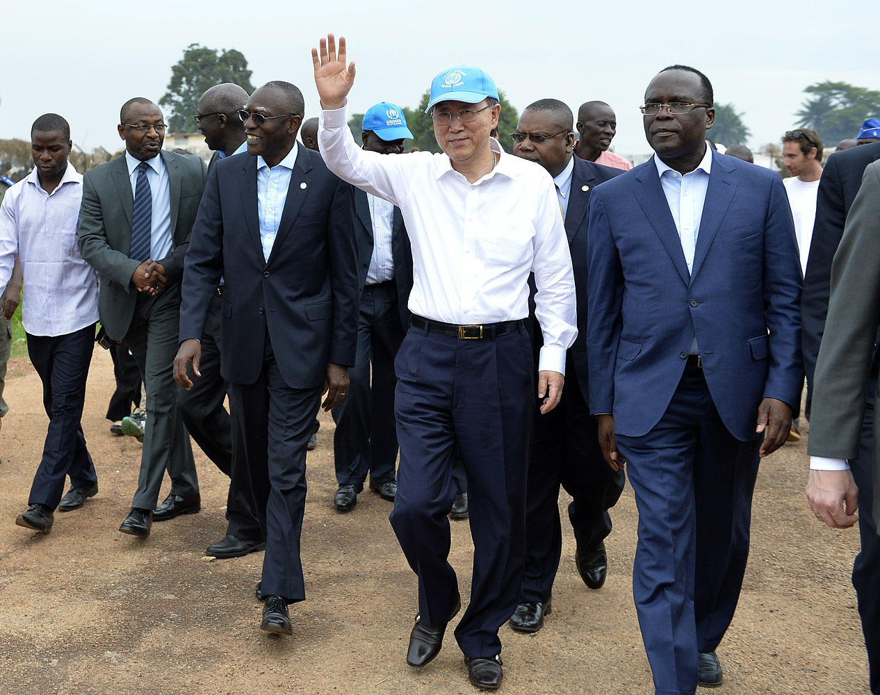 U.N. Secretary-General Ban Ki-moon waves as he visits a camp for internally displaced persons in the Central African Republic on April 5, 2014 (Miguel Medina—AFP/Getty Images)
