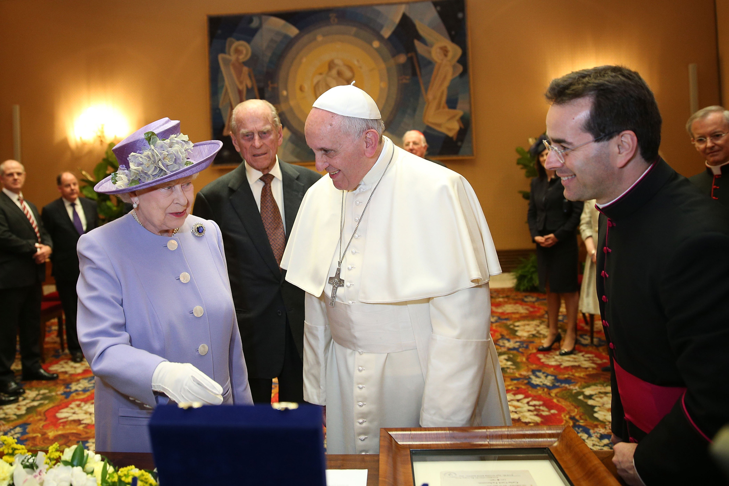 Queen Elizabeth II and Prince Philip, Duke of Edinburgh, have an audience with Pope Francis, during their one-day visit to Rome on April 3, 2014 in Vatican City, Vatican. (Oli Scarff—Getty Images)