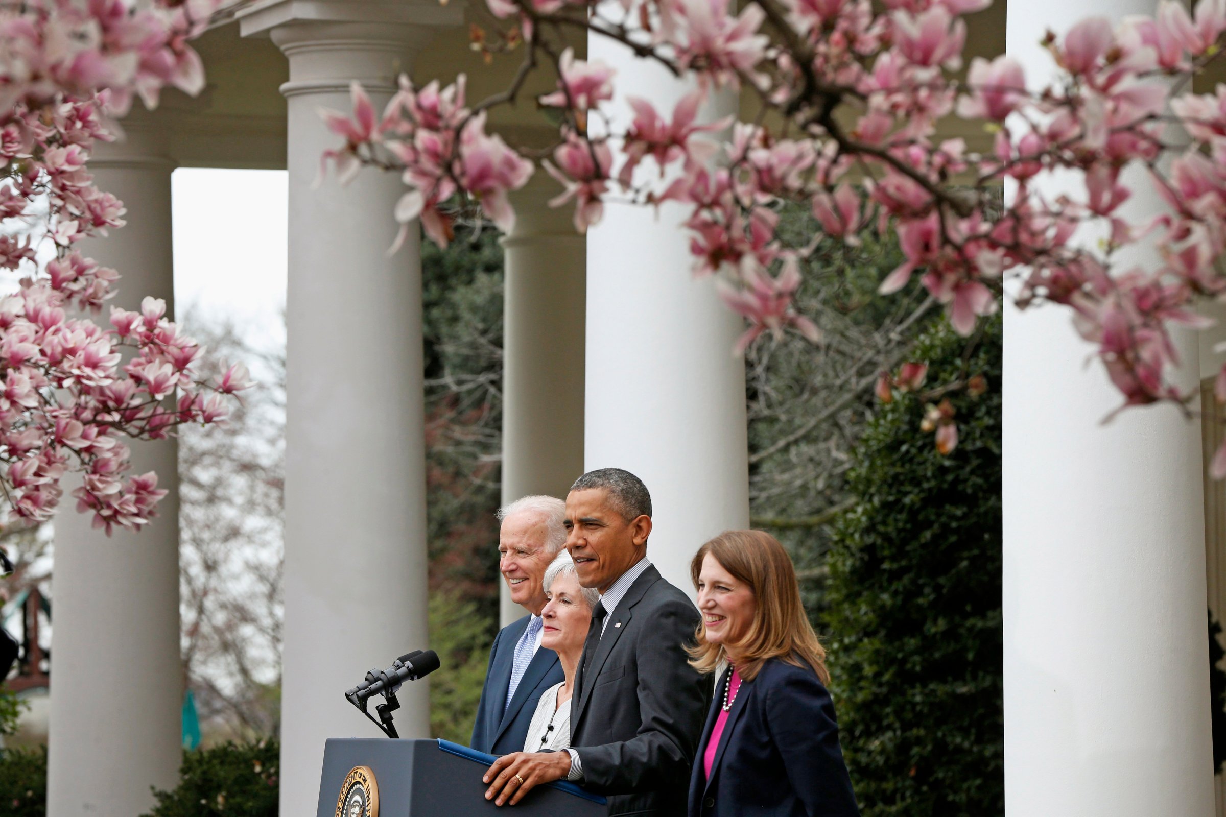 U.S. President Barack Obama and Vice President Joe Biden stand with outgoing Health and Human Services Secretary Kathleen Sebelius (second from left) and his nominee to be her replacement, Budget Director Sylvia Mathews Burwell in the Rose Garden of the White House in Washington, D.C., on April 11, 2014.