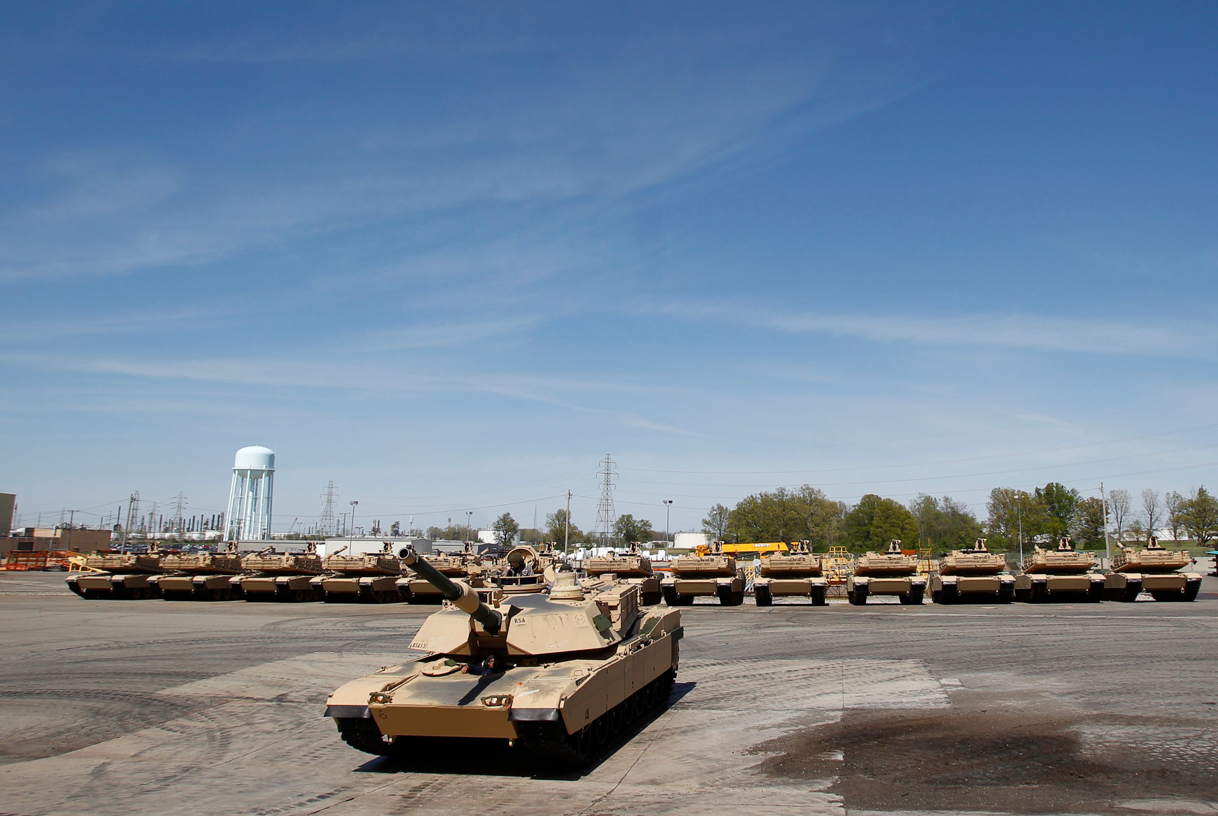Tanks on display during a tour of the Joint Systems Manufacturing Center, Lima Army Tank Plant, in Lima