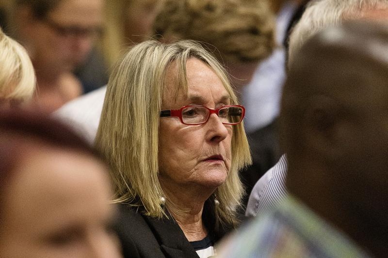 June Steenkamp, mother of Reeva Steenkamp, says that Pistorius has gone from "hero to devil". She was following the trial in Pretoria on April 10th, 2014. (The cover of On the Mines by David Goldblatt, published by Steidl.)