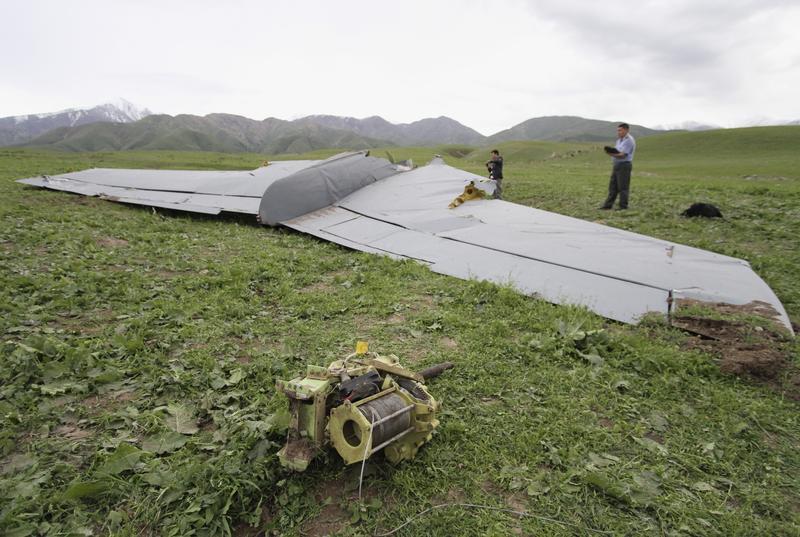 A view shows wreckage of Boeing KC-135 Stratotanker plane near site of crash near Kyrgyz village of Chaldovar