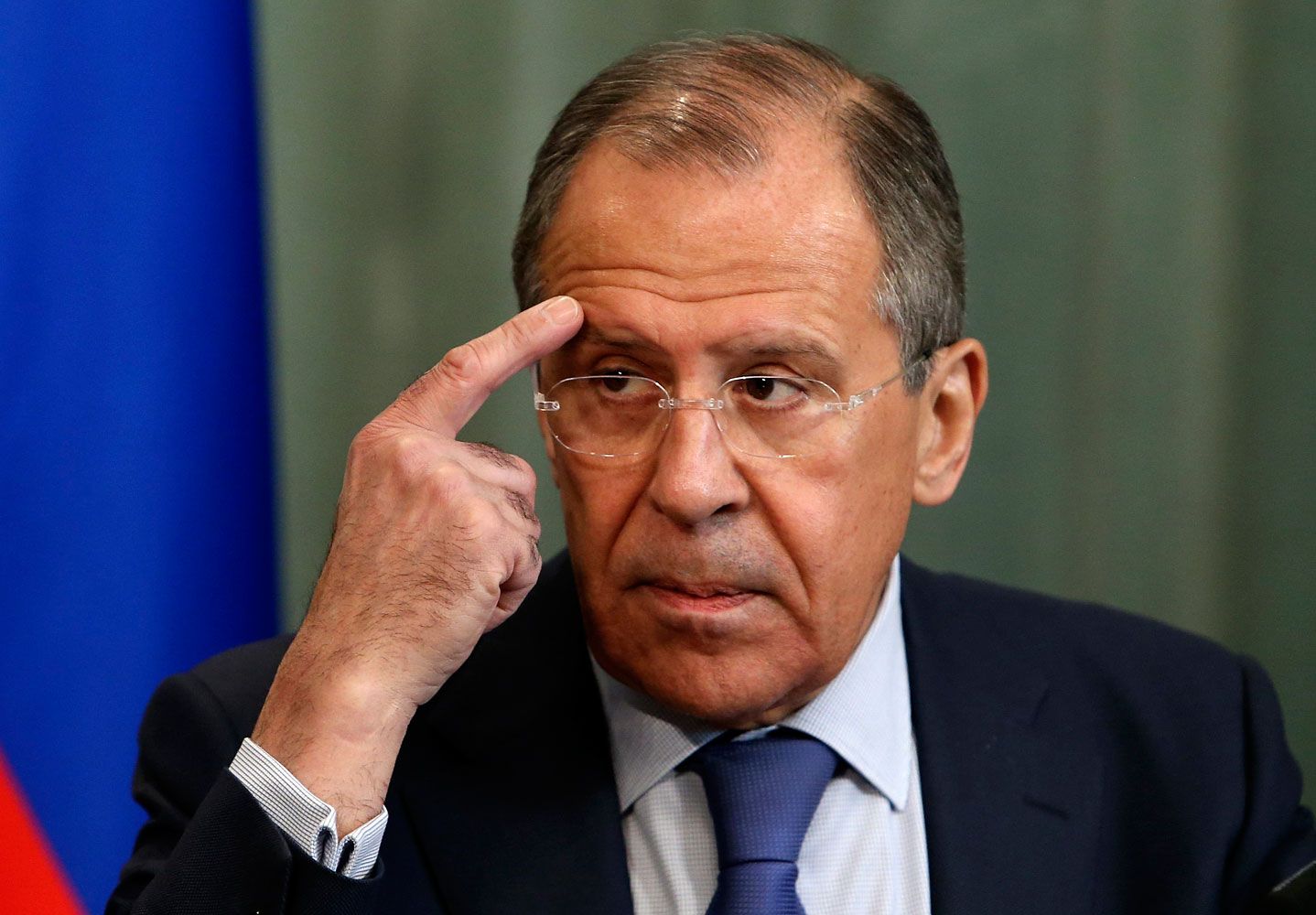 Russia's Foreign Minister Sergei Lavrov gestures during a news conference, after a meeting with his counterpart from Mozambique Oldemiro Baloi, in Moscow April 21, 2014. (Sergei Karpukhin—Reuters)