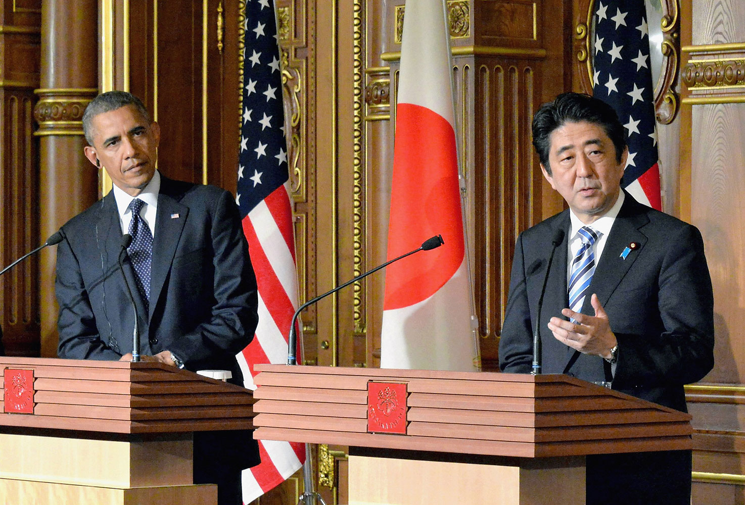 President Barack Obama and Prime Minister of Japan Shinzo Abe attend a joint news conference after their meeting at the State Guest House on April 24, 2014 in Tokyo.