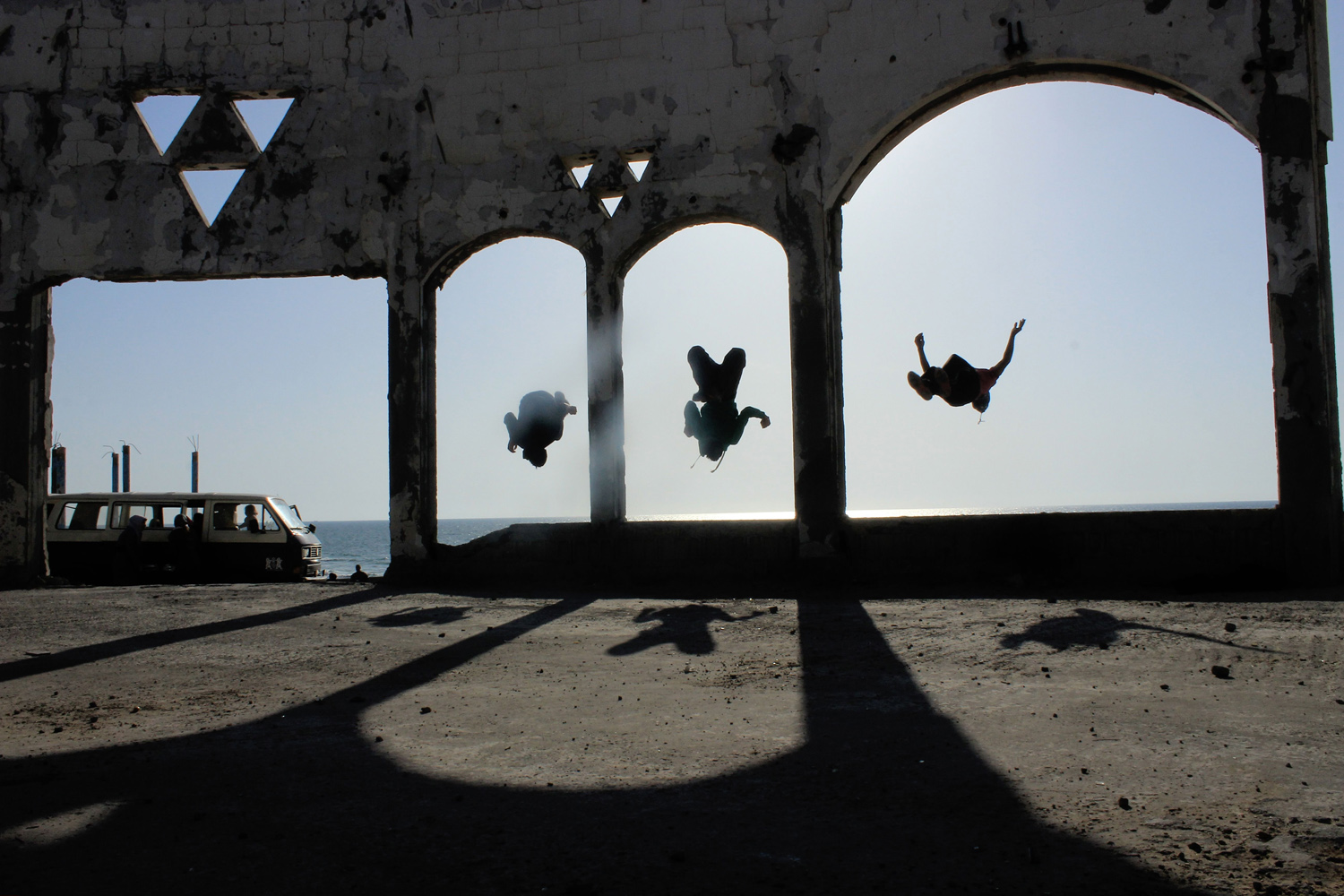 Apr. 4, 2014. A Parkour team practicing in Al-Waha, close to Al-Sodania, that had been bombed in the last war on Gaza.