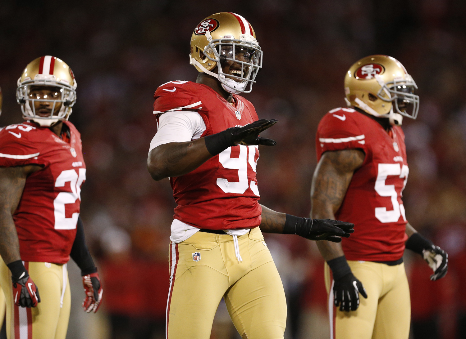 San Francisco 49ers outside linebacker Aldon Smith (99) reacts after sacking Chicago Bears quarterback Jason Campbell during the first half of their NFL football game San Francisco