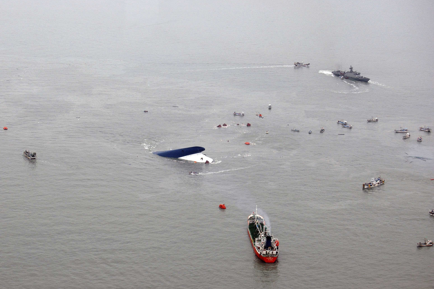 Part of the capsized ferry is seen in the sea off Jindo April 16, 2014.