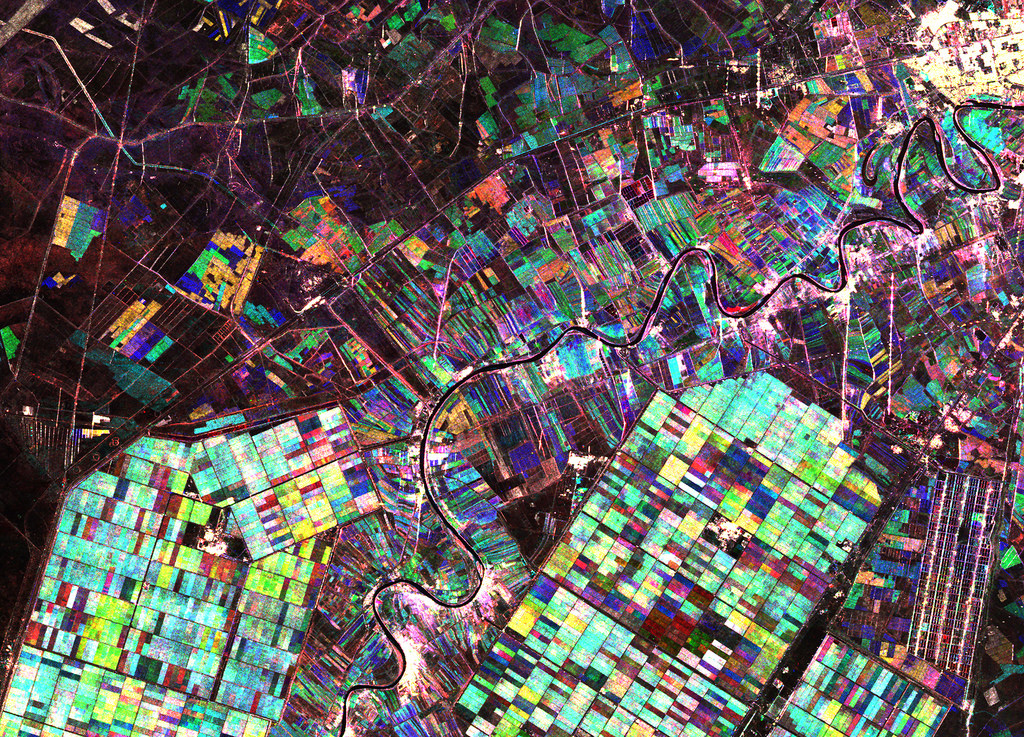 This radar composite image, released in March 2014, shows changes in large-scale agricultural plots in southwest Iran. Combined, the different colors show changes in the fields – such as harvesting at different points on time during 2010.