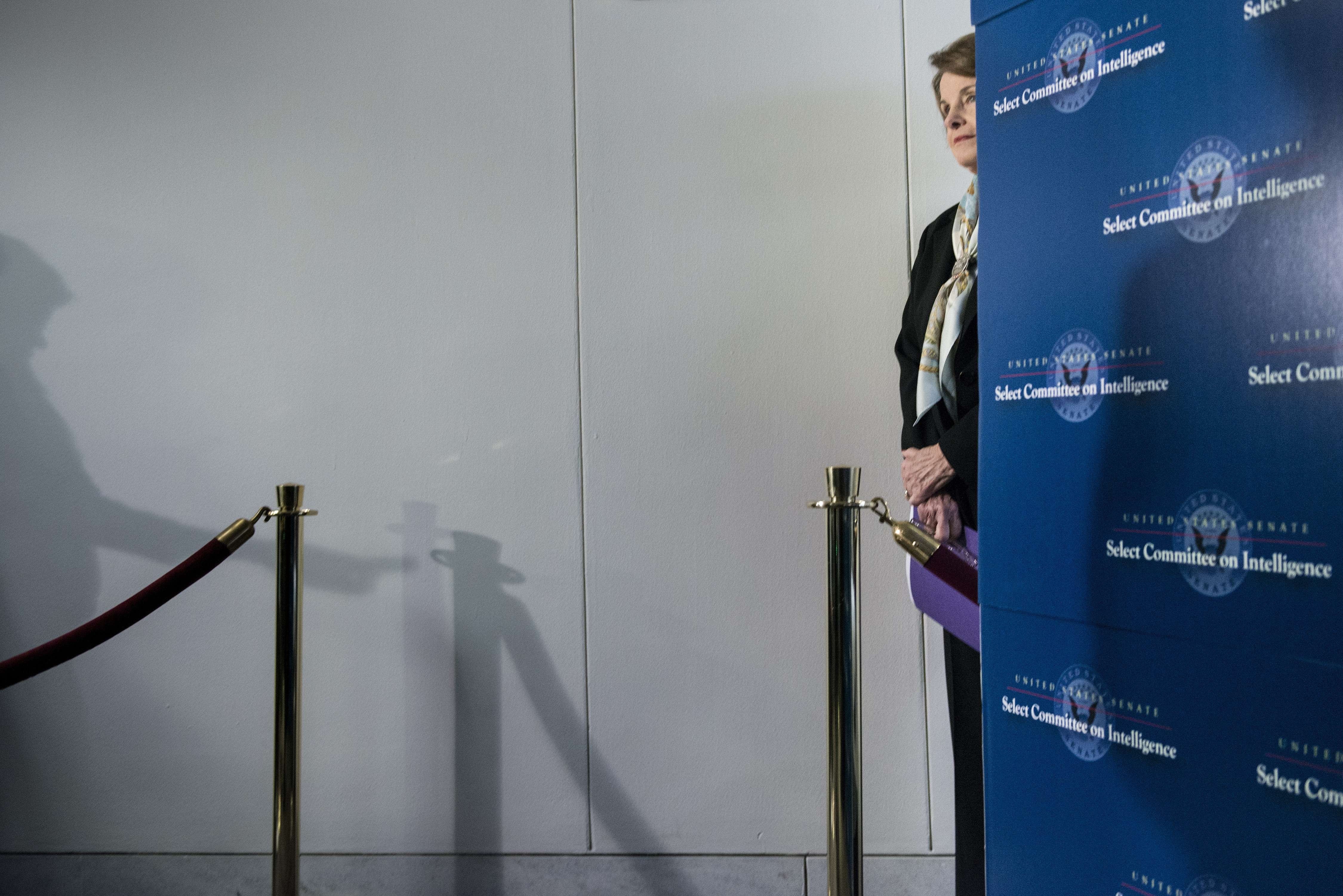 Senator Dianne Feinstein D-CA waits to speak to the media after a closed meeting of the Senate Intelligence Committee on Capitol Hill