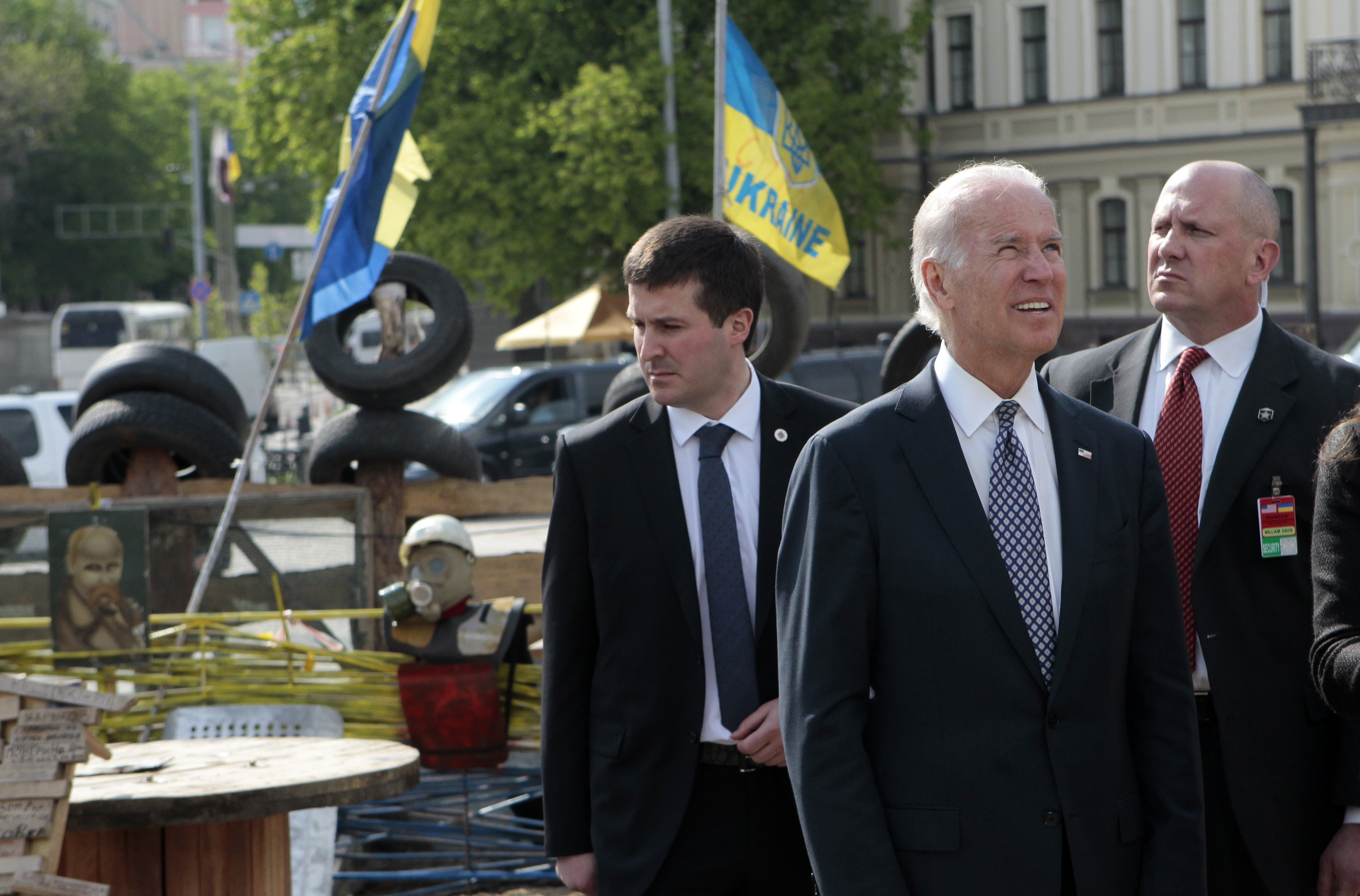 U.S. Vice President Joe Biden walks past the barricades on Mykhailivska Square in Kiev, Ukraine, on April 22, 2014 (Sergei Chuzavkov&mdash;AP)