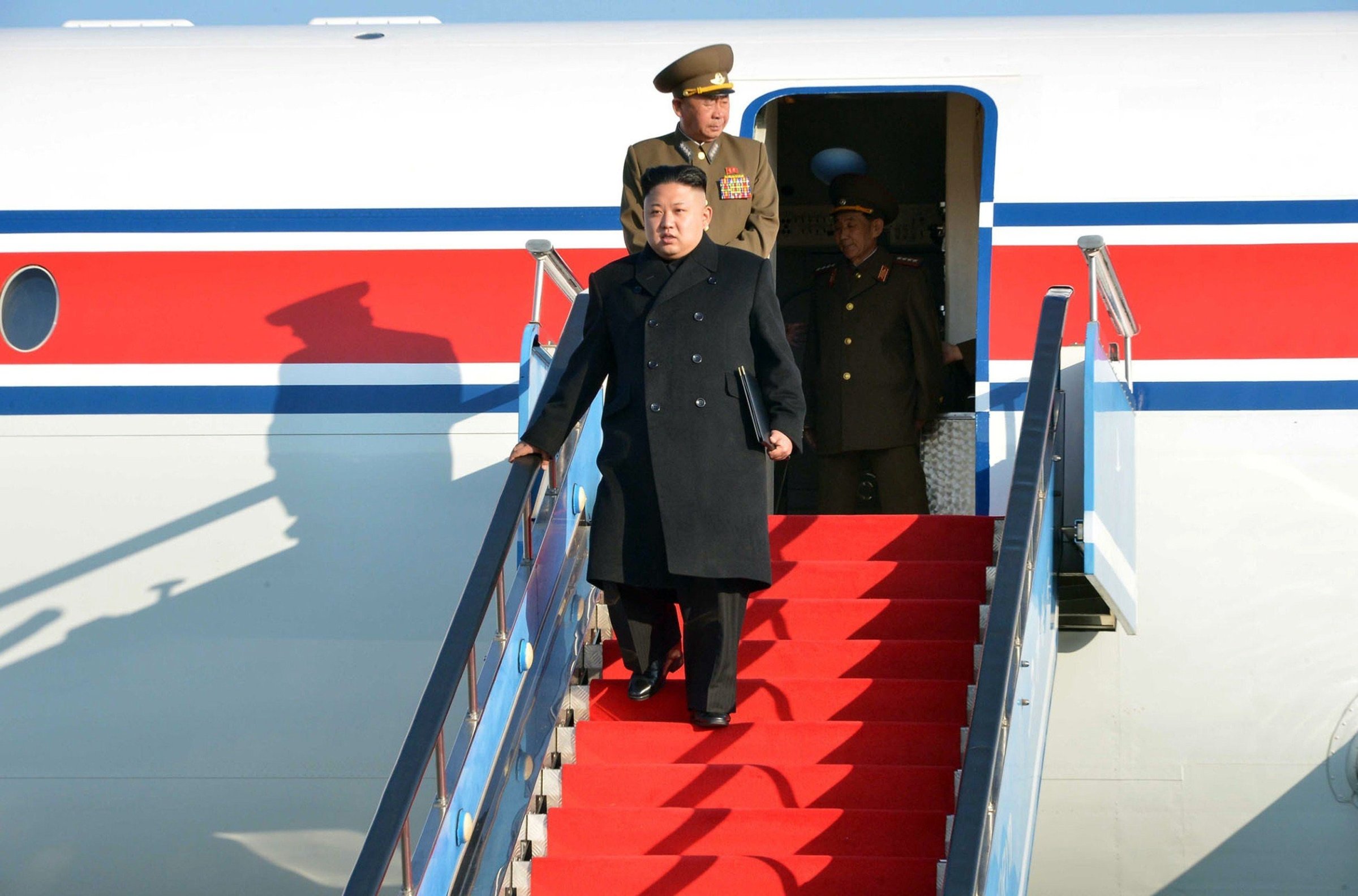 North Korean leader Kim Jong-Un arriving at the Samjiyong airport in Ryaggang province in North Korea