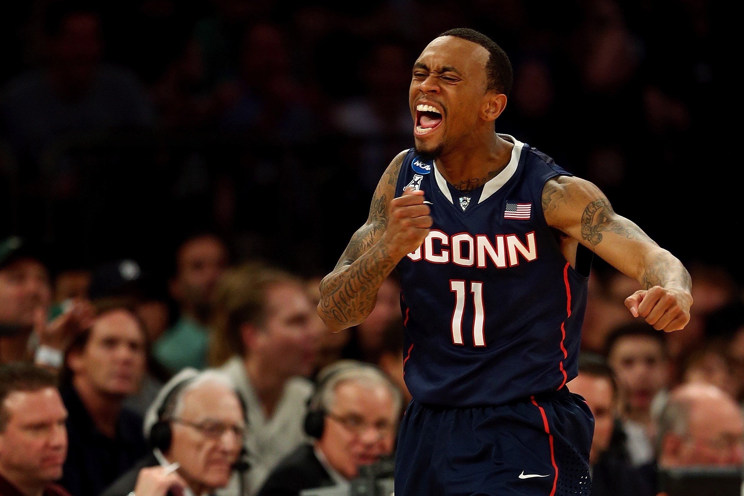 Ryan Boatright of the Connecticut Huskies reacts after a turnover by the Michigan State Spartans in the second half of the East Regional Final of the 2014 NCAA Men's Basketball Tournament at Madison Square Garden on March 30, 2014 in New York City. (Elsa—Getty Images)