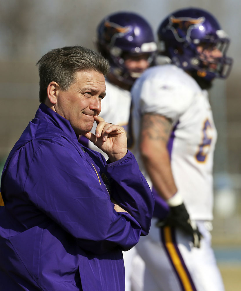 Minnesota State–Mankato football coach Todd Hoffner mostly observed practice and did not take an active role, April 18, 2014, in Mankato, MN.