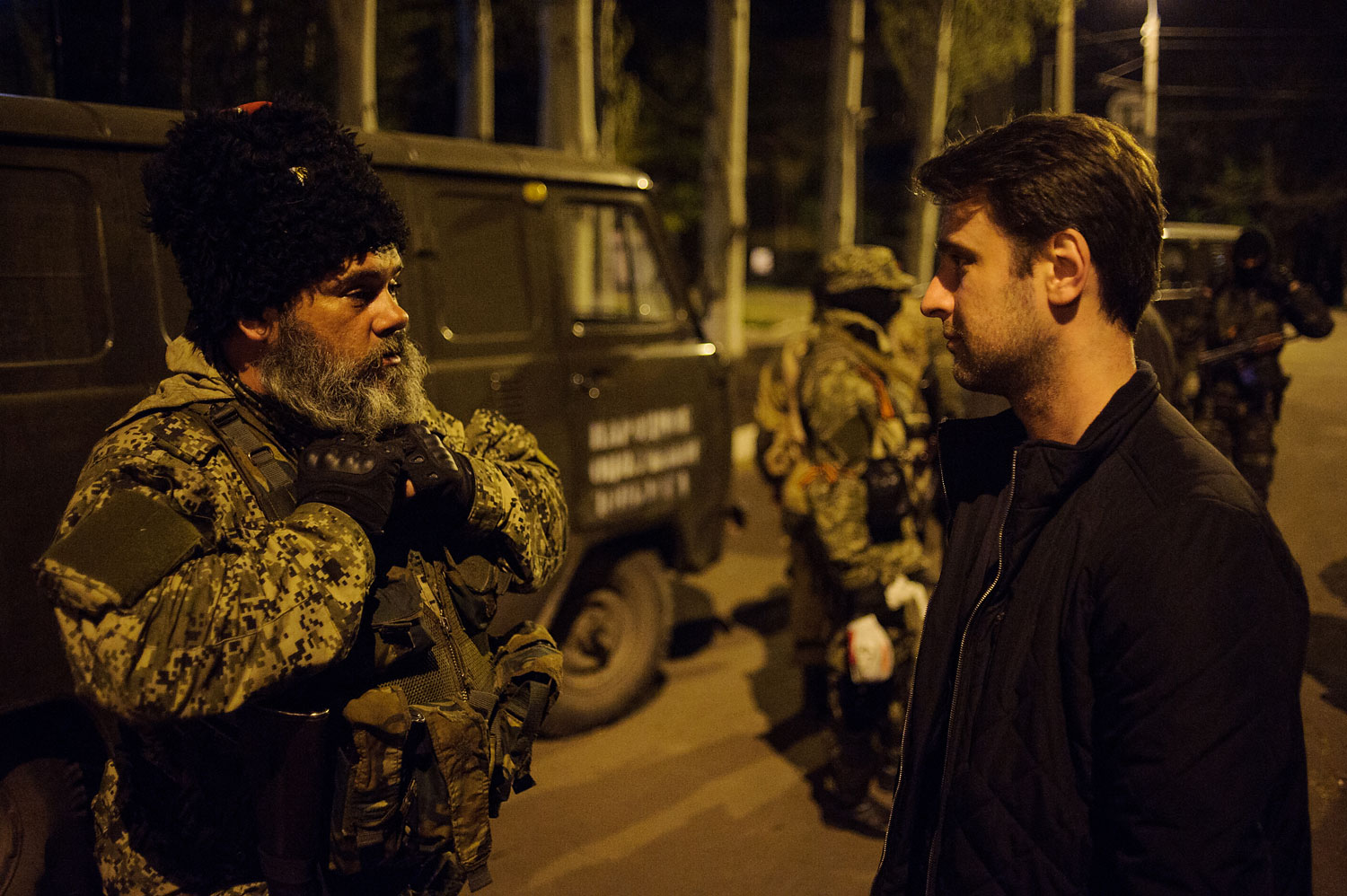 Mozhaev talks with TIME correspondent Simon Shuster in the town of Kramatorsk on April 21 (Maxim Dondyuk)