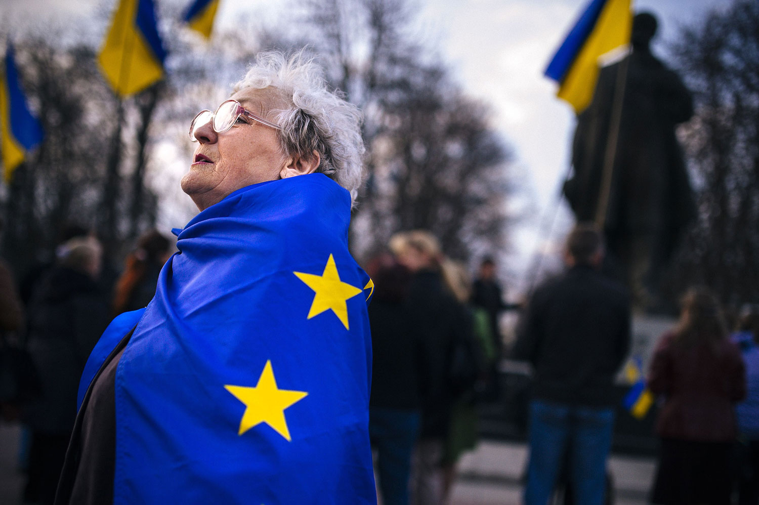An elderly woman wrapped with an European Union flag attends a pro-Ukraine rally in the eastern Ukrainian city of Lugansk on April 15, 2014. 