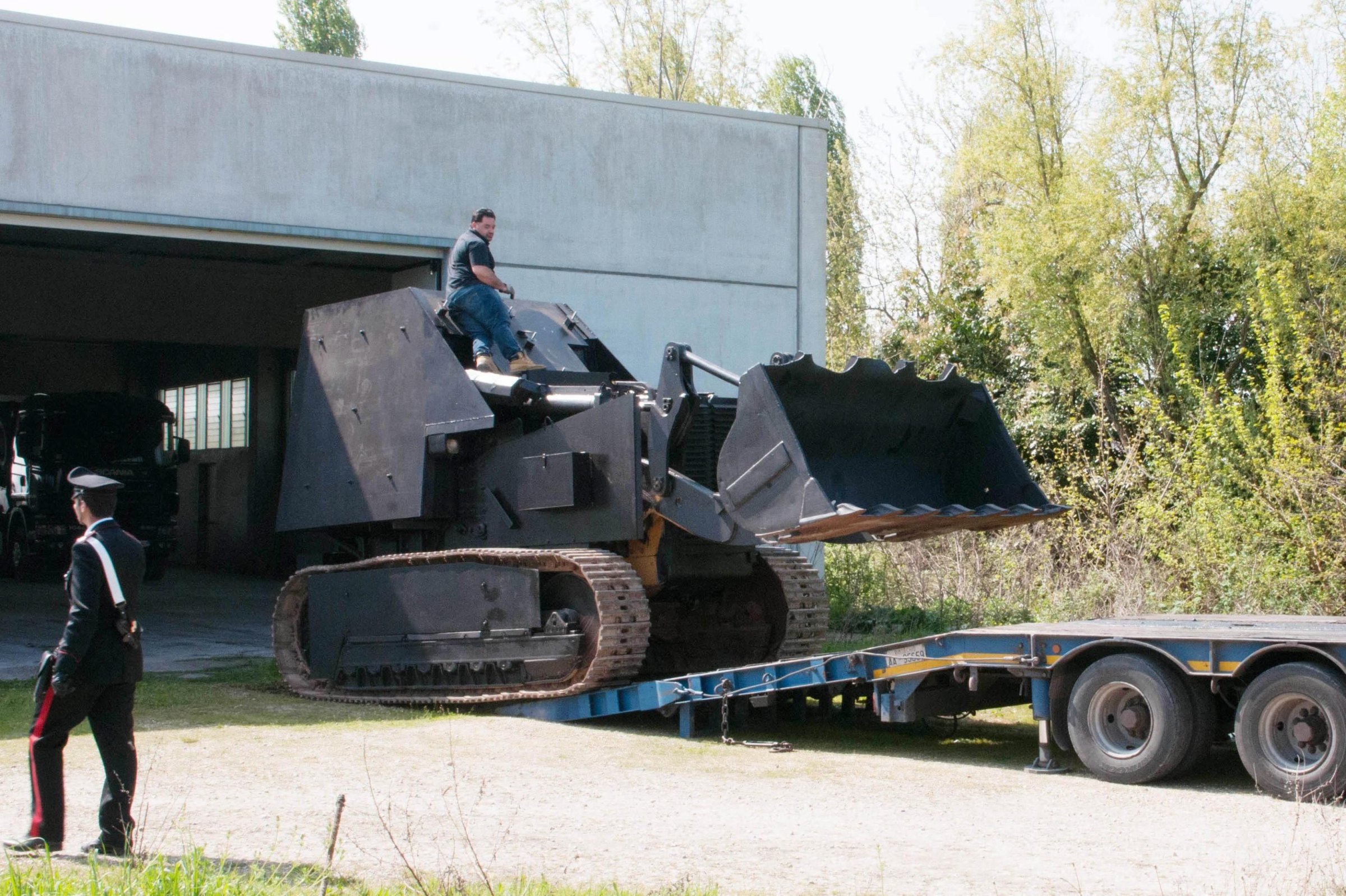 A tractor transformed into a tank is confiscated during an antiterrorism operation in Casale di Scodosia, Veneto region, Italy, on April 2, 2014.