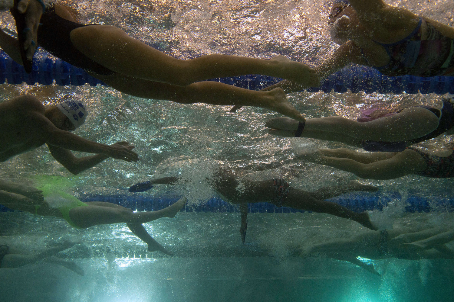 Apr. 7, 2014. This picture taken with an underwater camera shows competitors taking part in a training session on on the eve of the French Swimming championships in Chartres.
