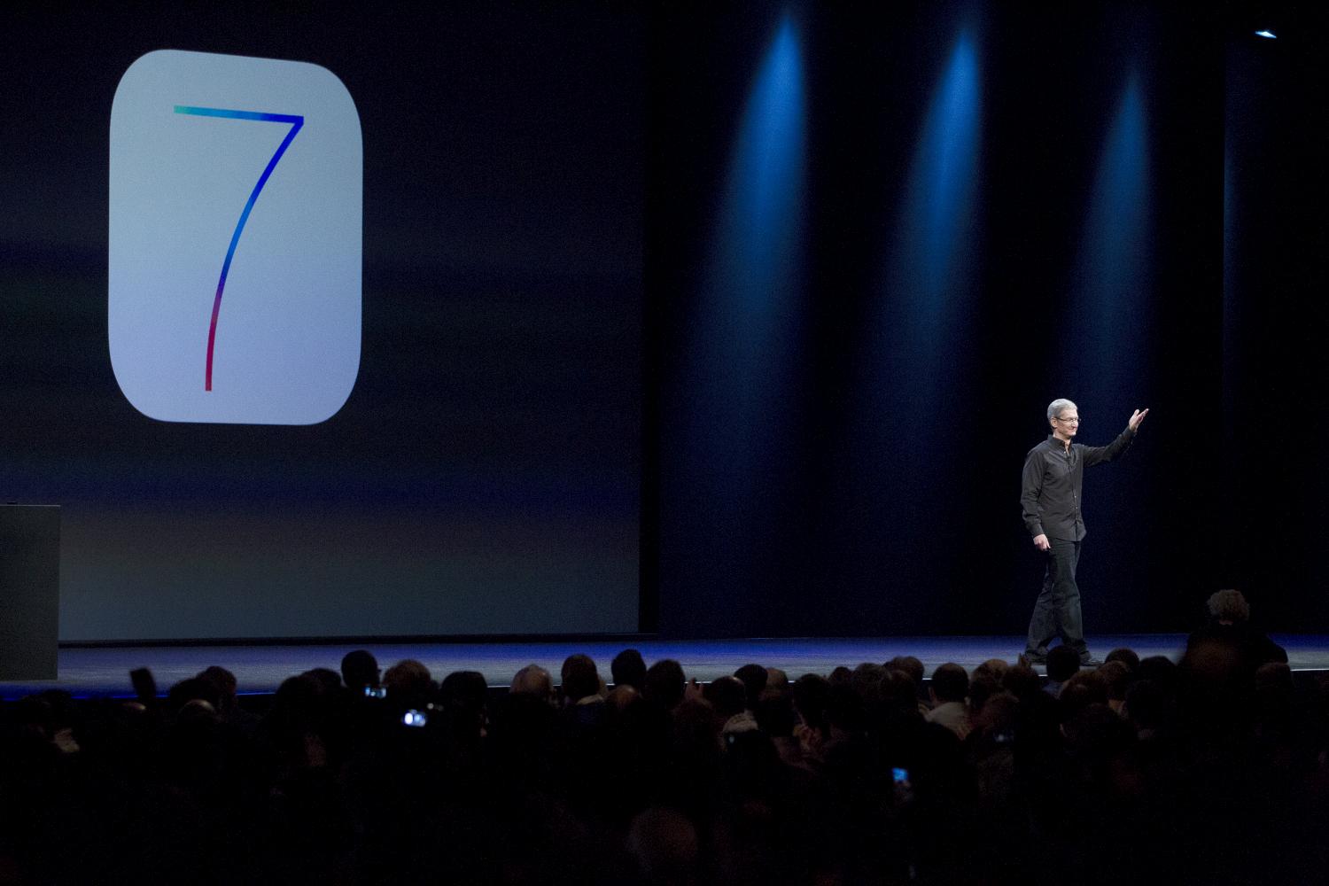 Apple CEO Tim Cook introduces iOS 7 at a keynote address during the 2013 Apple Worldwide Developers Conference at the Moscone Center on June 10, 2013 in San Francisco, California. (Kimberly White--Getty Images)