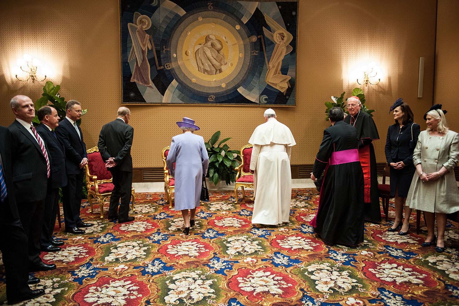 Apr. 3, 2014. H.M Queen Elisabeth and Prince Philip, Duke of Edinburgh meet Pope Francis at the Vatican.
