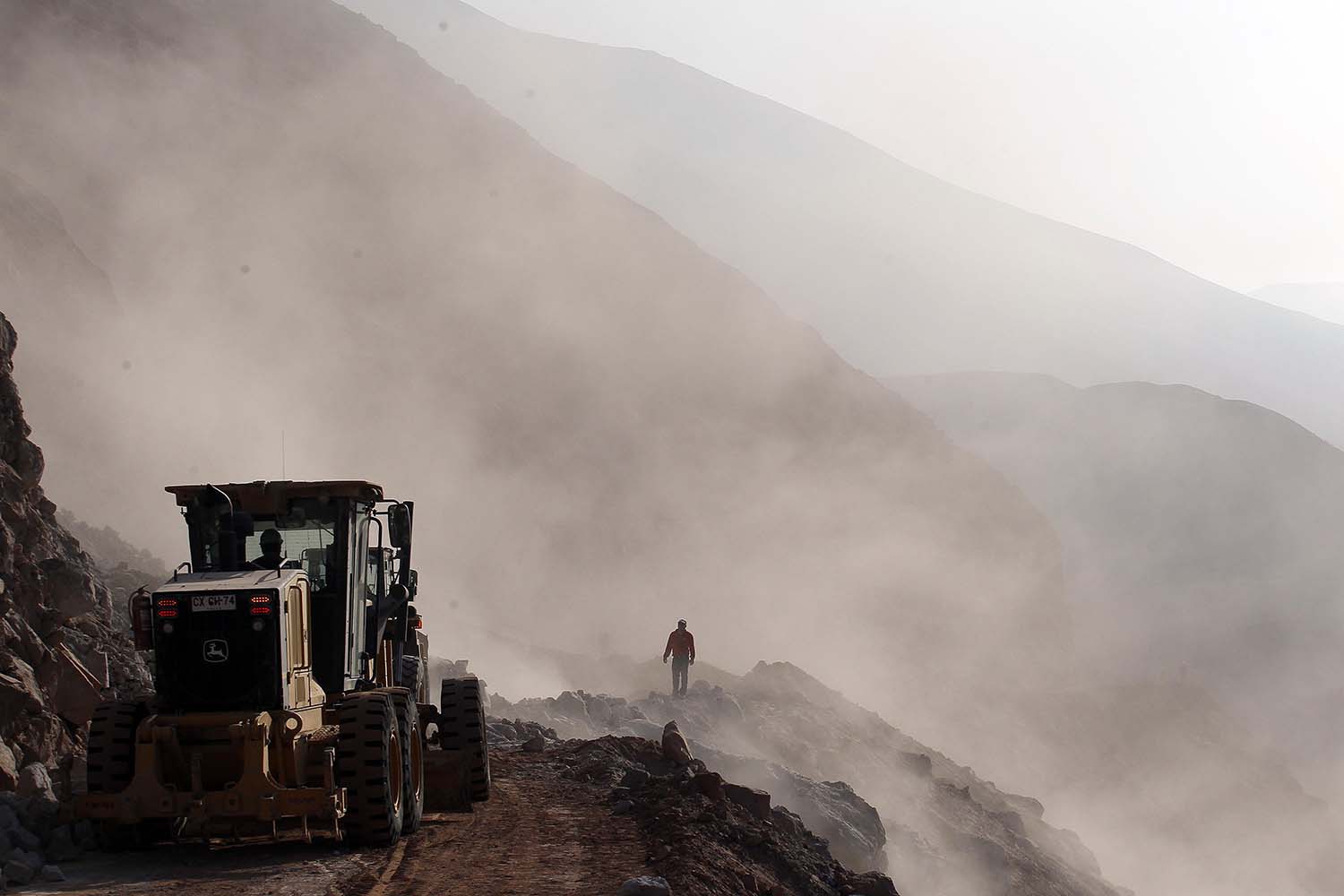 Apr. 3, 2014. Heavy machinery is used in the clearing of debris on the road leading to the town of Camarones, in Arica. The road was cut off due to the magnitude-8.2 quake that struck Chile's Northern coast on Tuesday.