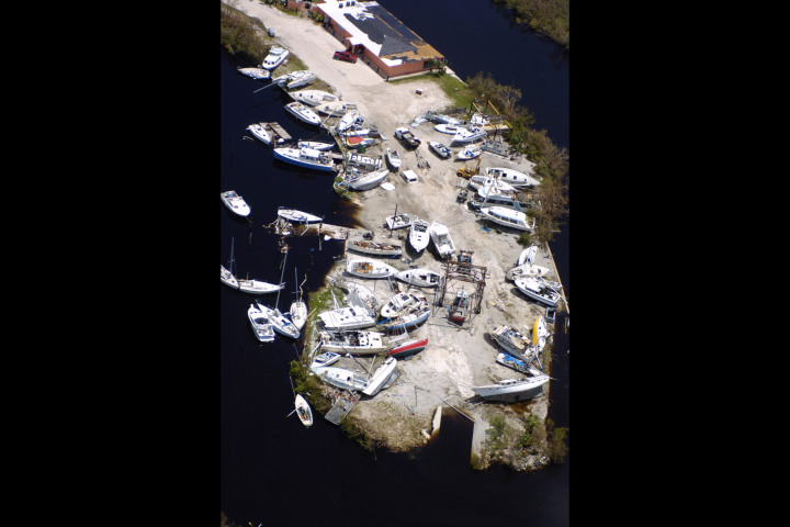 Boats lie scattered like broken toys in a boat yard at Punta