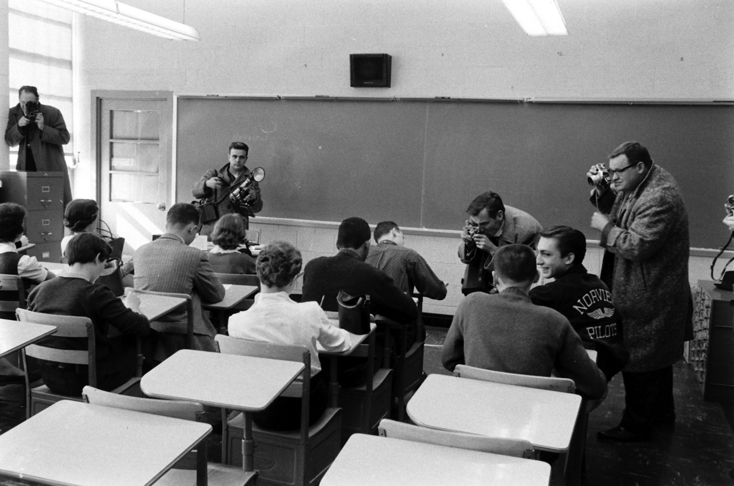 Journalists covering desegregation of Norfolk schools, 1959.