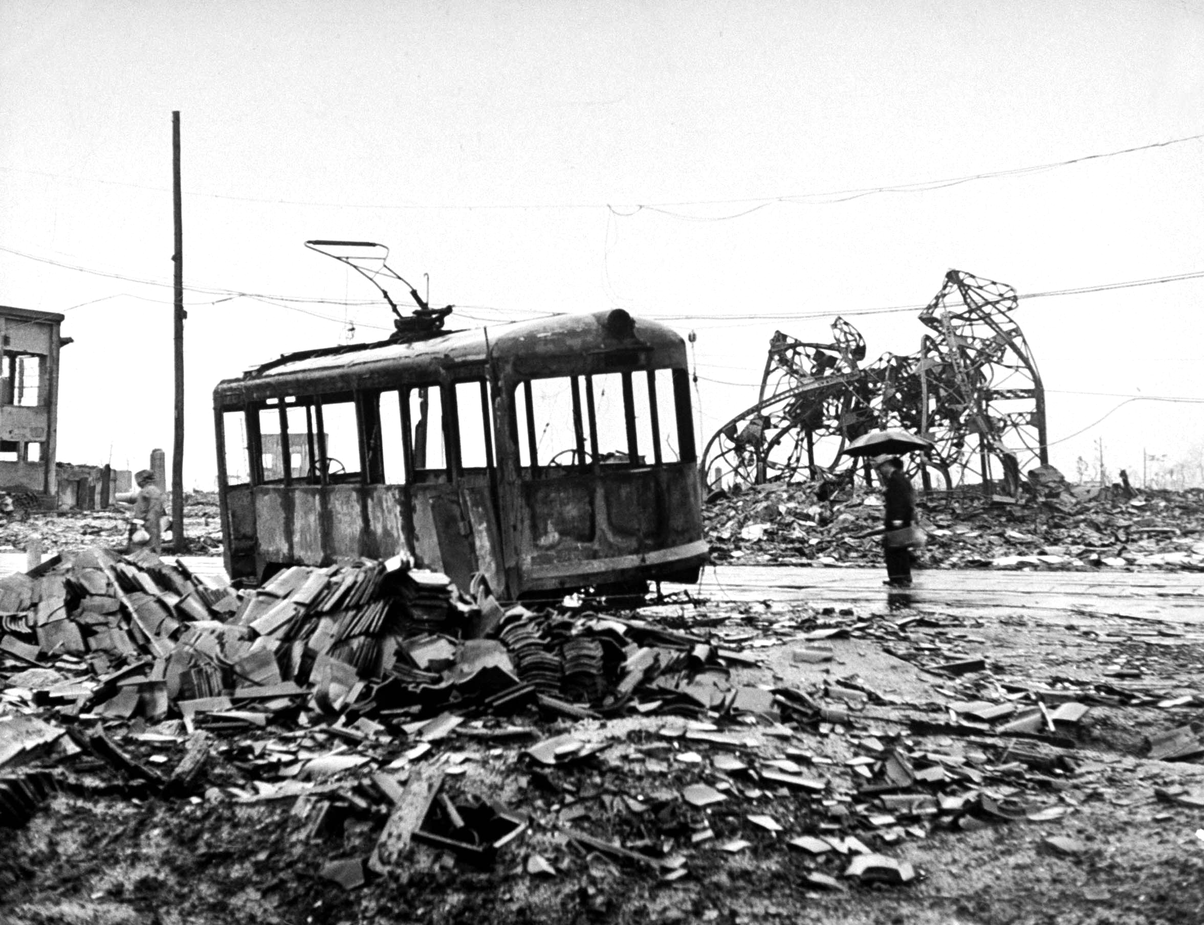 A gutted trolley car amid Hiroshima ruins, months after America's August 1945 atomic bomb attack on the city.