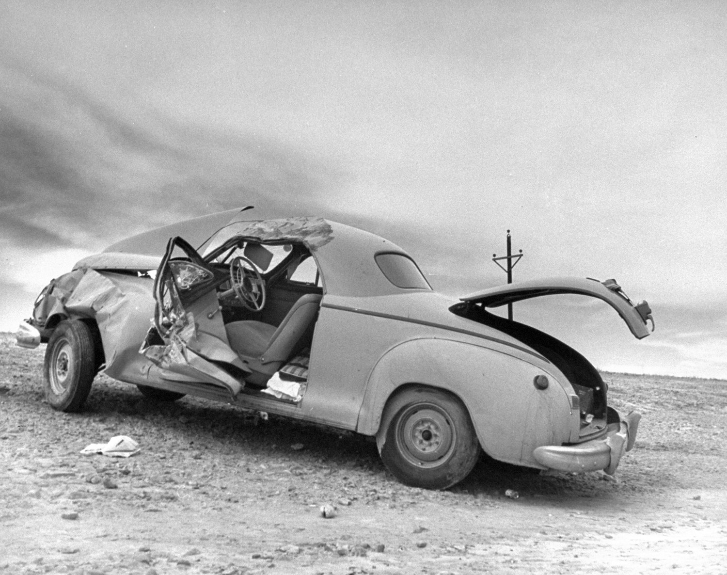 Scene after driver fell asleep at the wheel on Route 30, Nebraska, 1948.