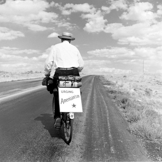 Charles Corwin White, bicycling from Los Angeles to New York and speaking along the way on 