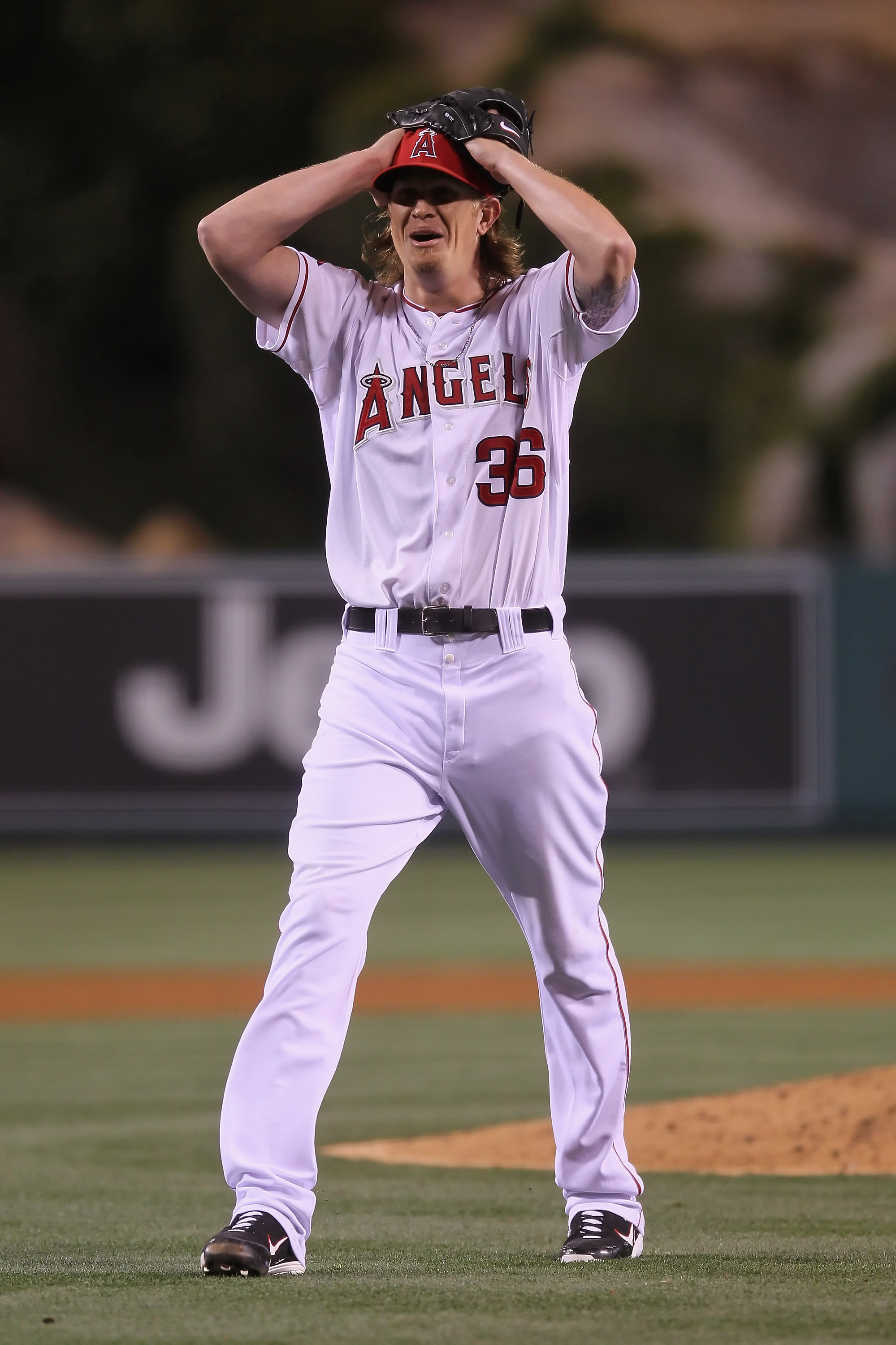 Starting pitcher Jered Weaver of the Los Angeles Angels of Anaheim celebrates after throwing a no-hitter against the Minnesota Twins at Angel Stadium of Anaheim on May 2, 2012 in Anaheim, Ca.