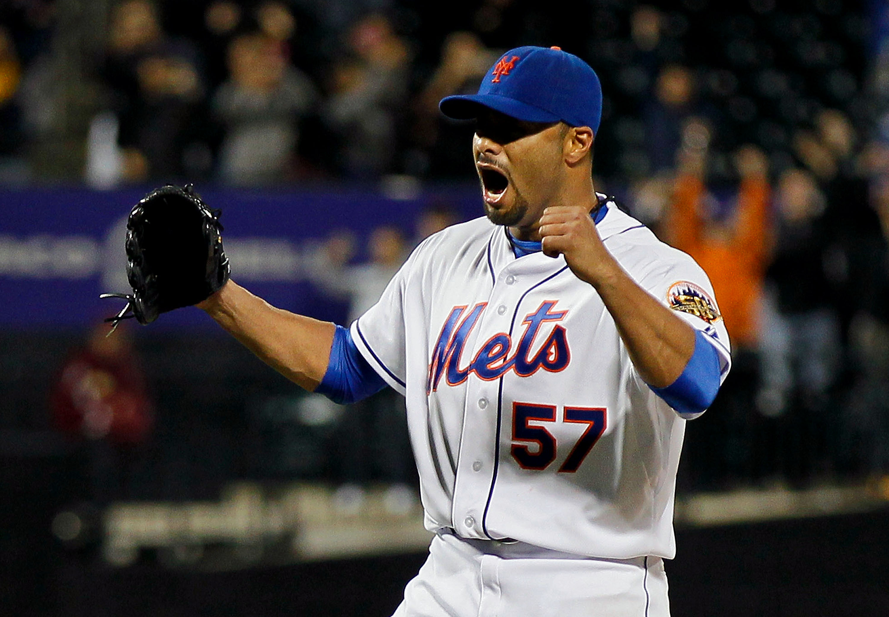 Johan Santana of the New York Mets celebrates after pitching a no hitter against the St. Louis Cardinals at Citi Field on June 1, 2012 in New York City.