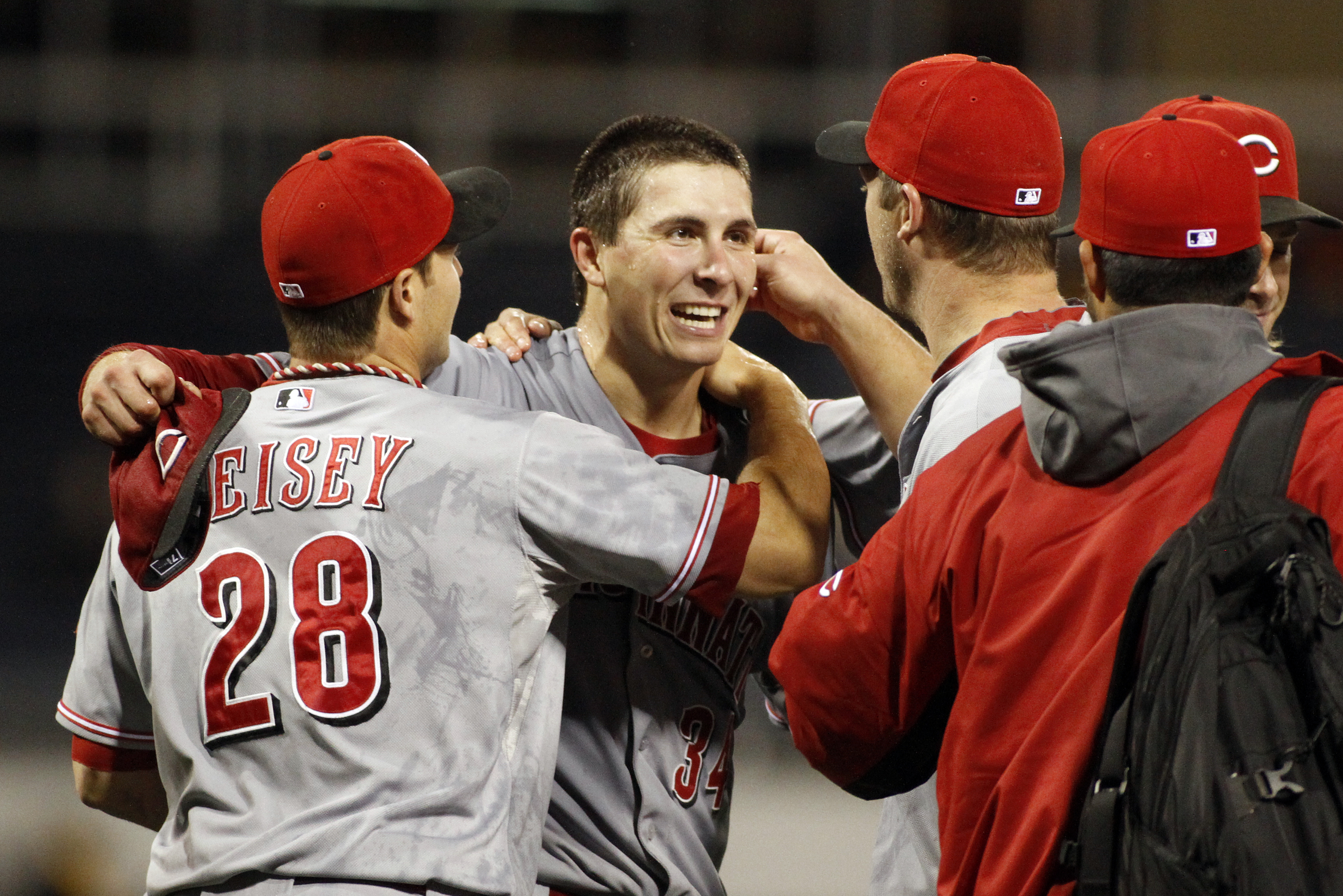 Homer Bailey of the Cincinnati Reds celebrates his no-hitter with teammates against the Pittsburgh Pirates on September 28, 2012 at PNC Park in Pittsburgh, Pa.