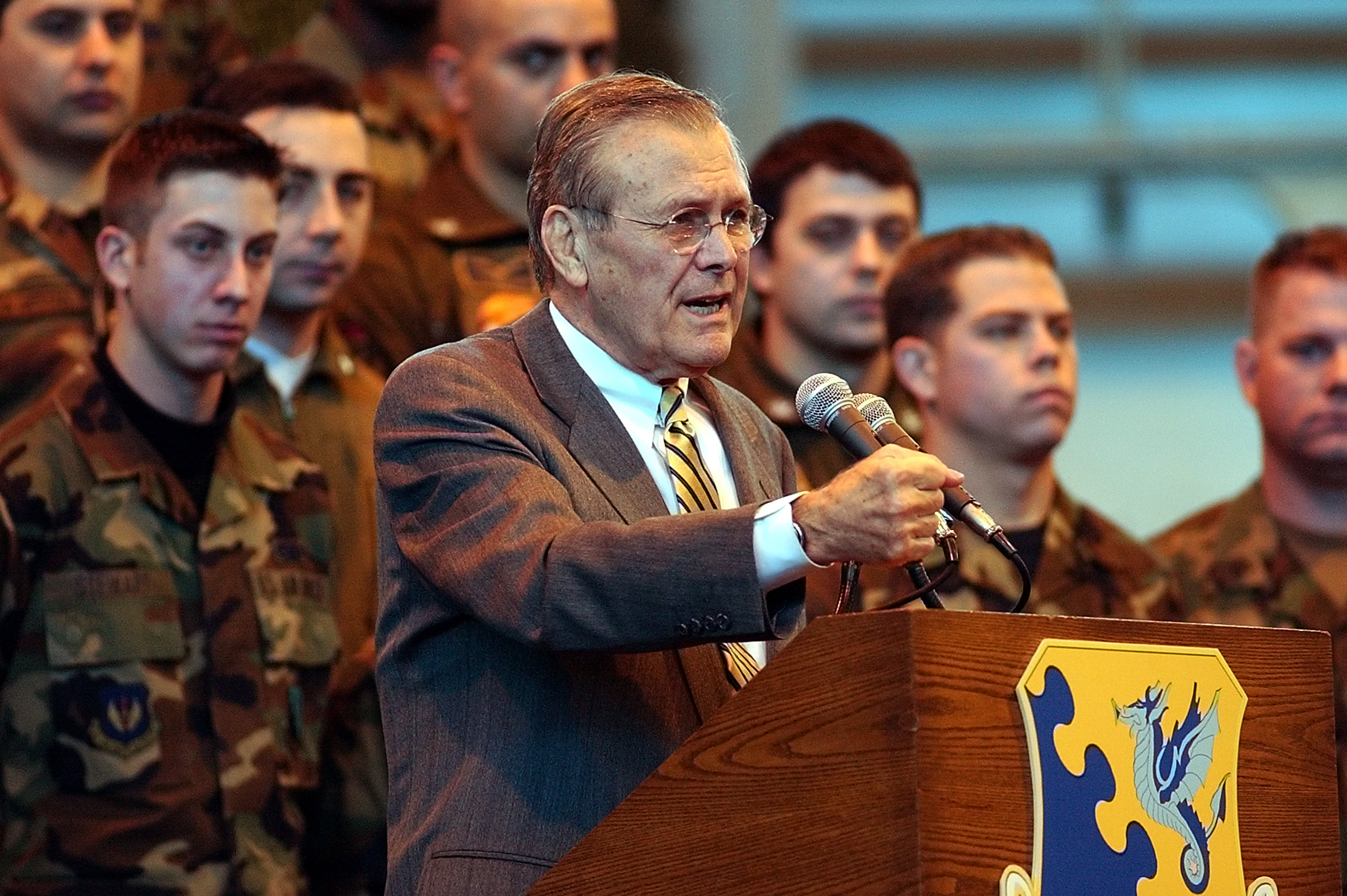 U.S. Defense Secretary Donald Rumsfeld speaks to troops in Italy. (Getty Images&mdash;Getty Images)