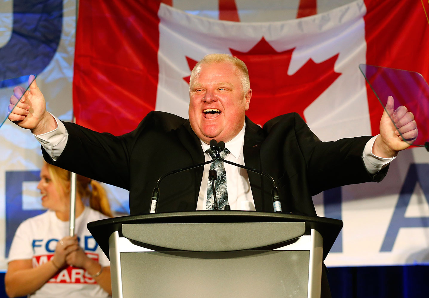 Toronto Mayor Rob Ford reacts on the podium during his campaign launch party in Toronto