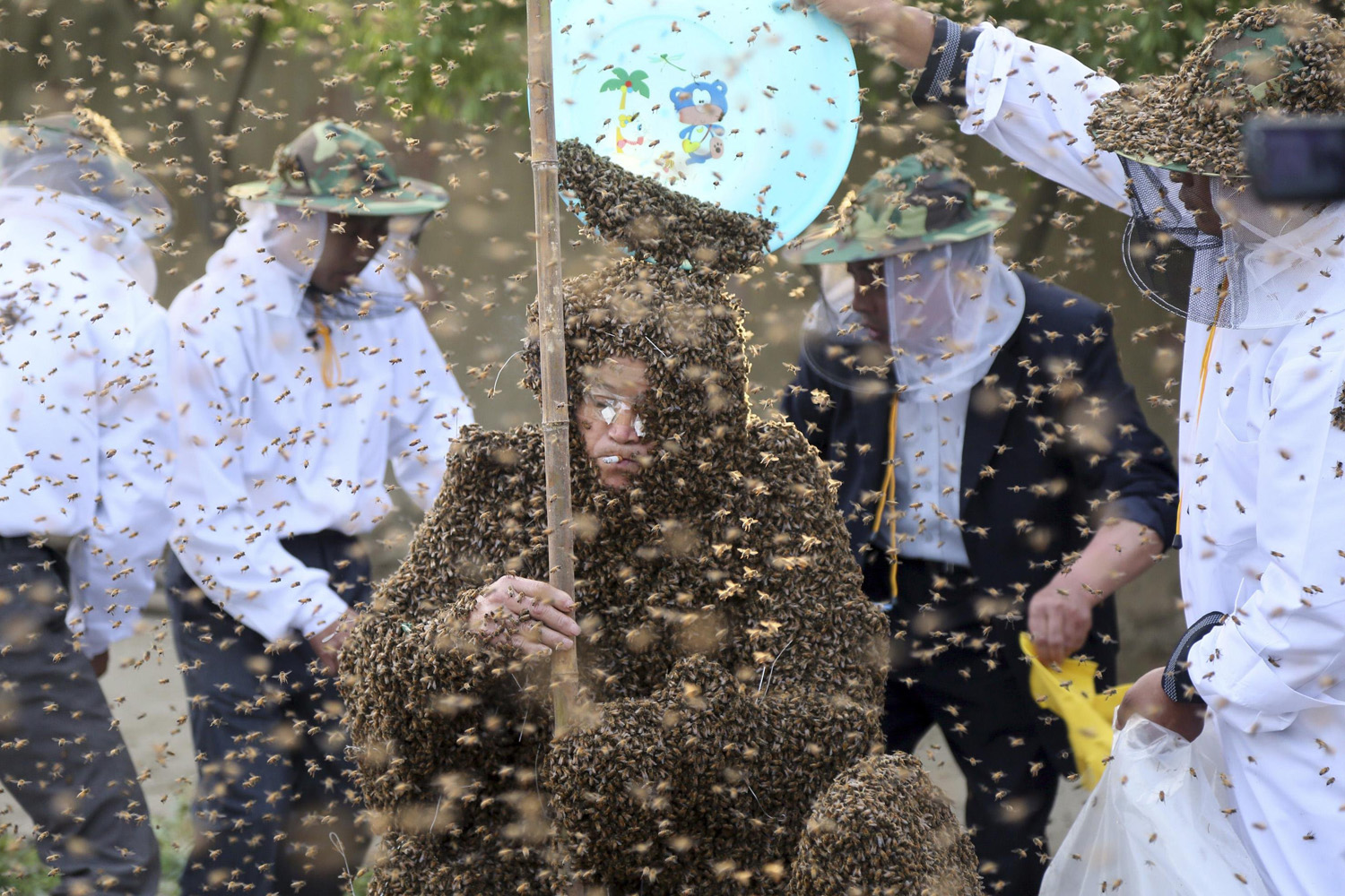 Gao Bingguo is covered with bees during an attempt to break the Guinness World Record for being covered by the largest number of bees, in Taian, Shandong province, China on May 27, 2014.