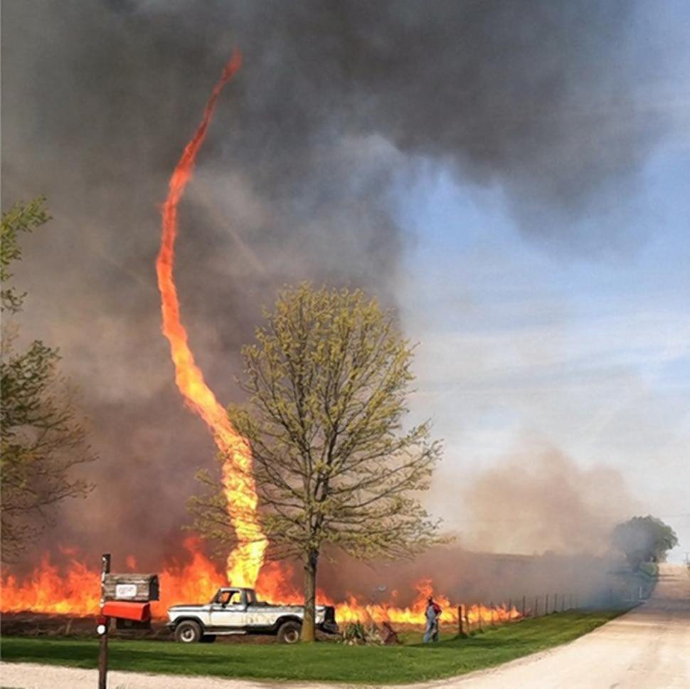 A 'firenado' tears through a field in Chillicothe, Missouri on May 3, 2014.  Part fire, part tornado this blazing twister was spotted by Missouri native Janae Copelin while out driving. (Janae Copelin—Barcroft Media/Landov)