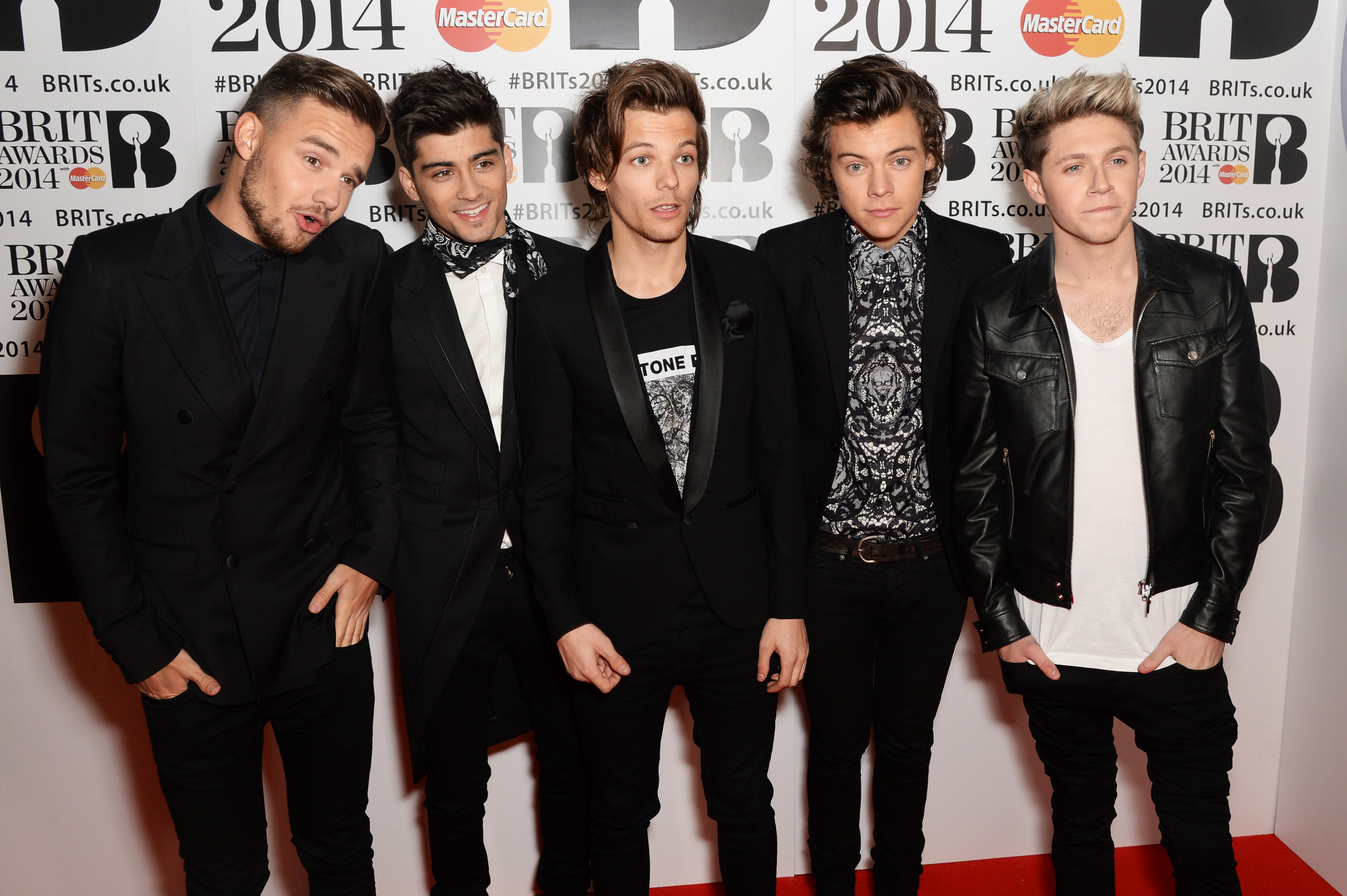 Liam Payne, Zayn Malik, Louis Tomlinson, Harry Styles and Niall Horan of One Direction attend The BRIT Awards 2014 at The O2 Arena on February 19, 2014 in London, England. (Dave J Hogan--Getty Images)