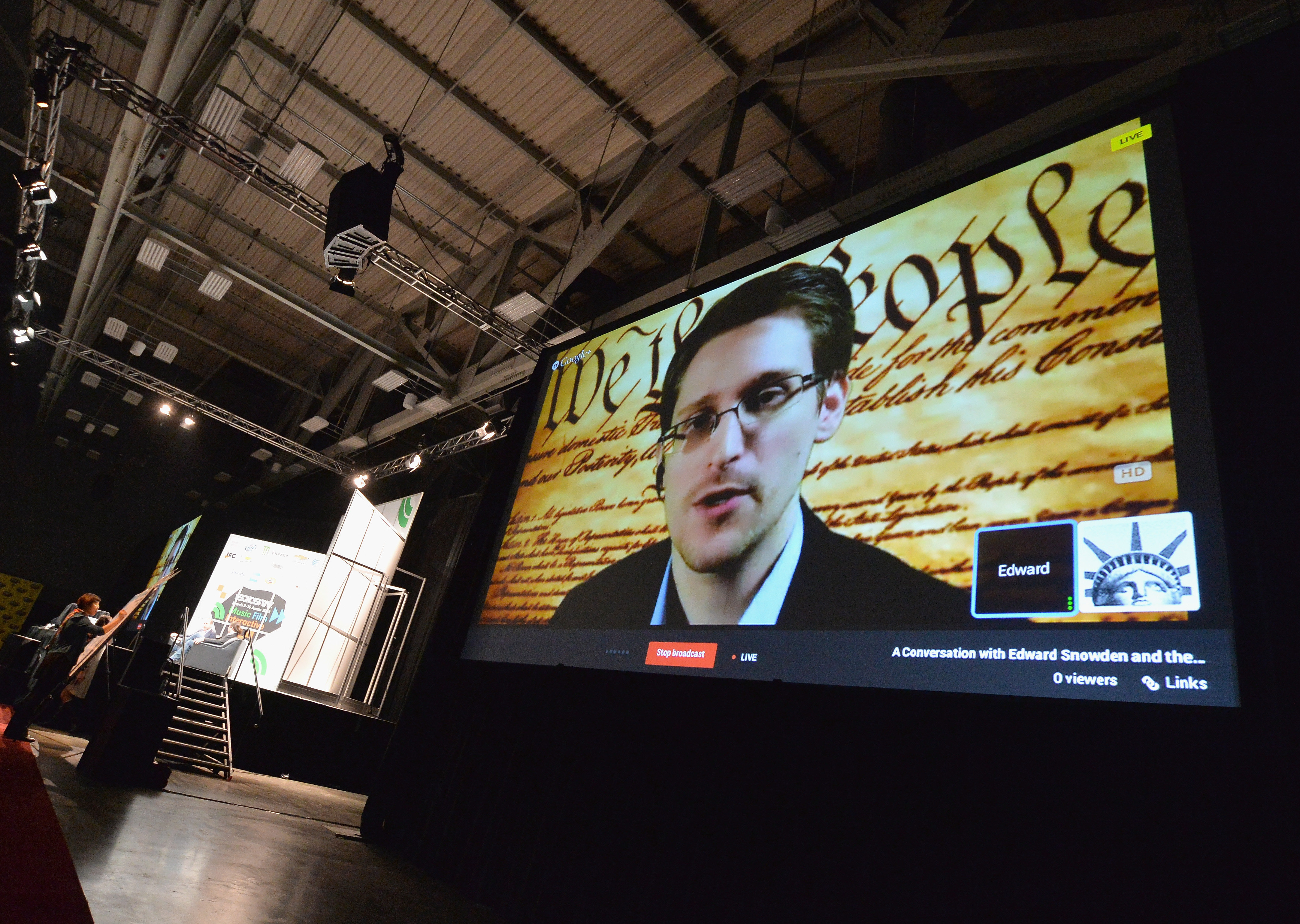 Edward Snowden speaks at the "Virtual Conversation With Edward Snowden" during the 2014 SXSW Music, Film + Interactive Festival at the Austin Convention Center on March 10, 2014 in Austin, Texas. (Michael Buckner&mdash;2014 Getty Images)