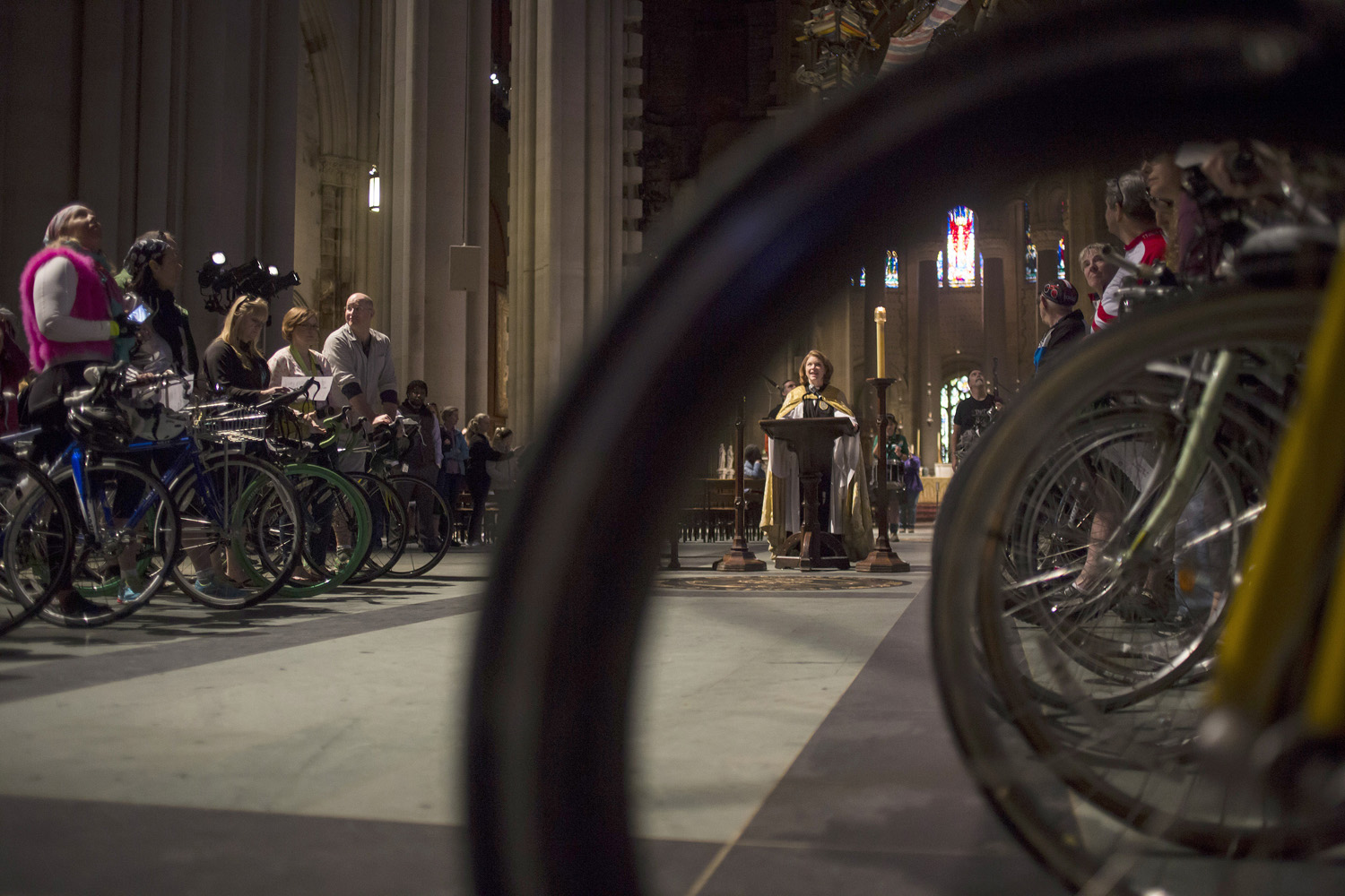 Reverend Julia Whitworth leads the 16th Annual Blessing of the Bikes at Cathedral Church of St. John the Divine on in New York City on May 3, 2014.