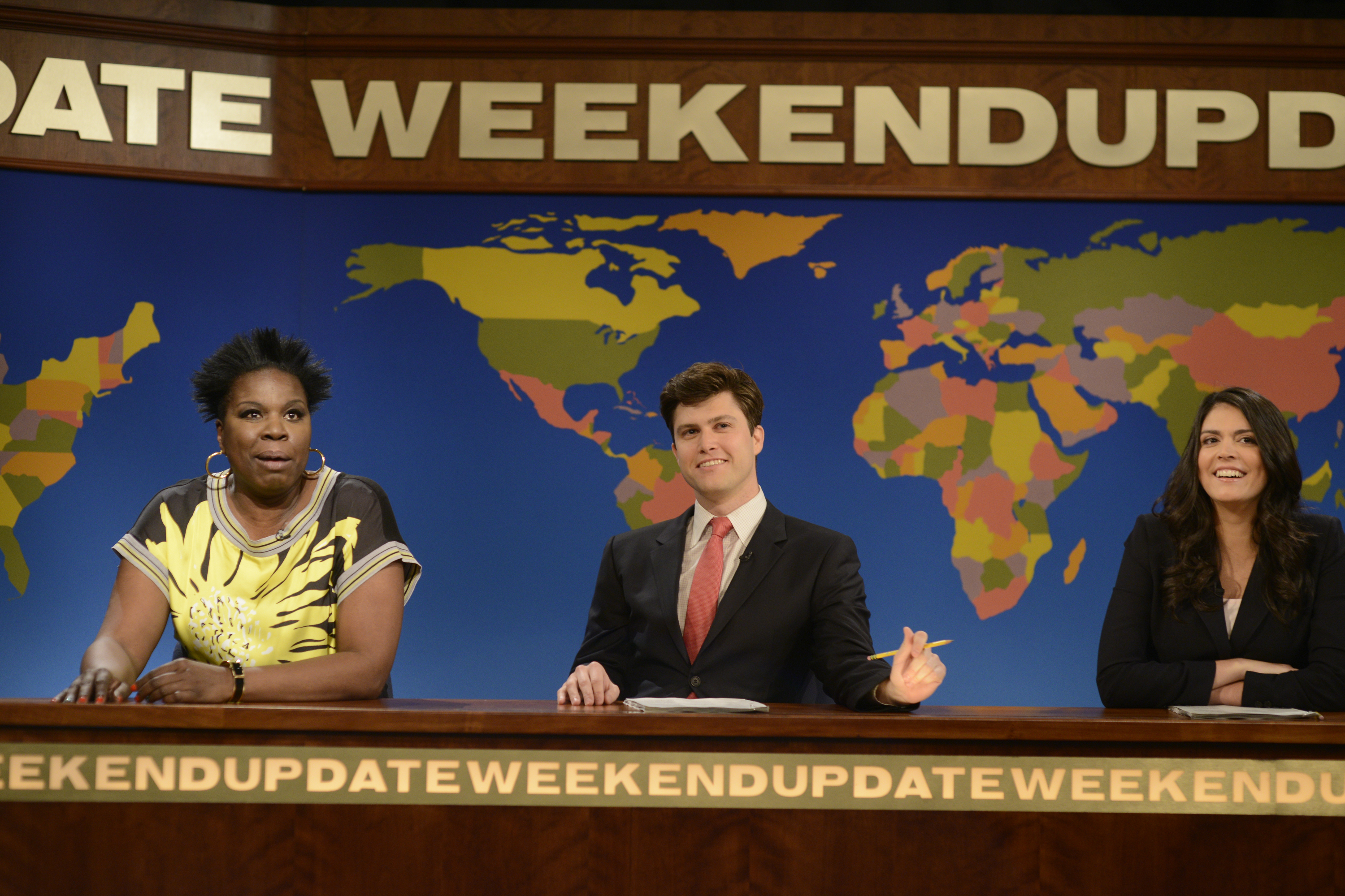 Leslie Jones, Colin Jost and Cecily Strong during Weekend Update on May 3, 2014. (Dana Edelson—NBC/Getty Images)